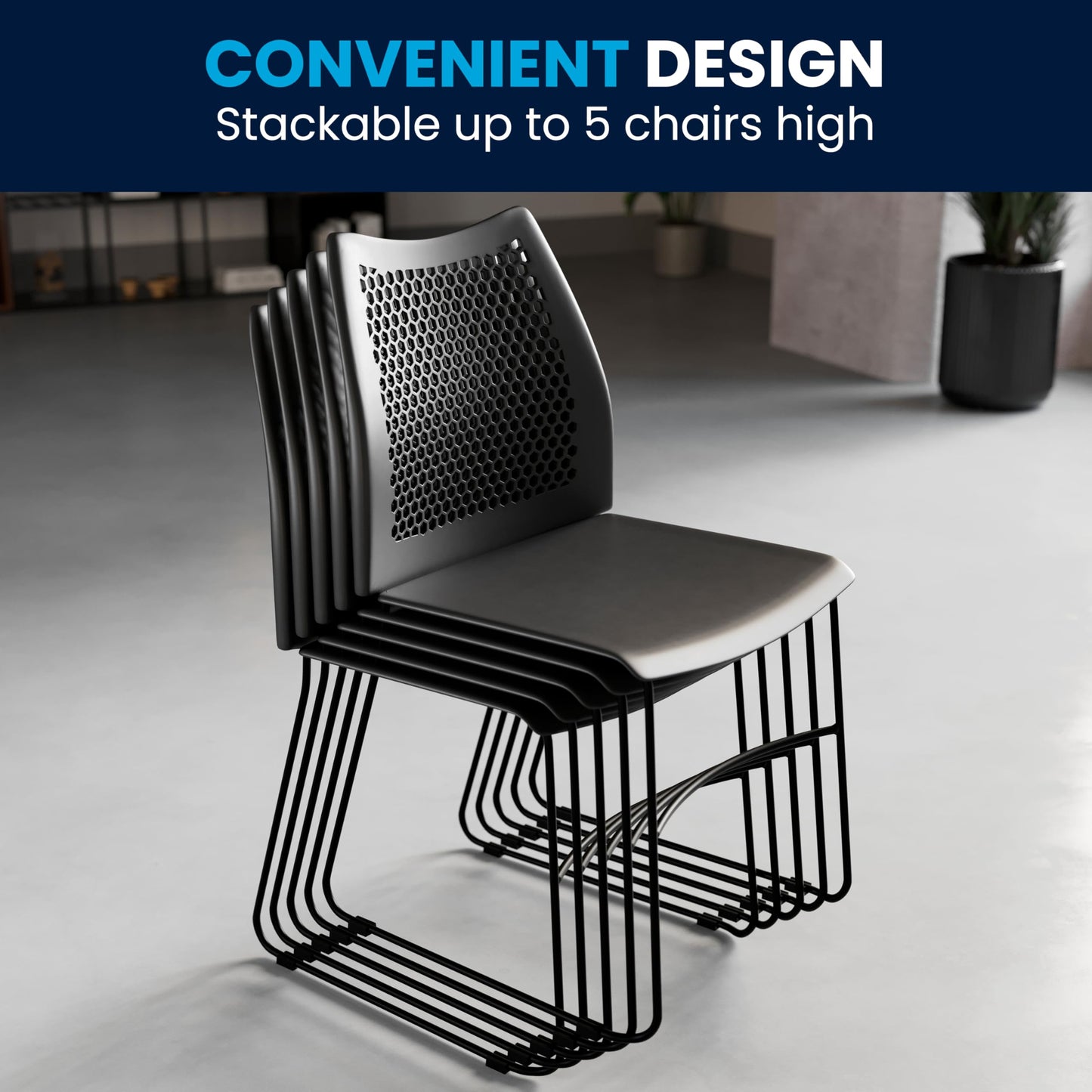 Flash Furniture Hercules Series Contoured Lobby Chairs with Air-Vent Honeycomb Backs, Ergonomic Stacking Chairs for Offices, Set of 5, Black
