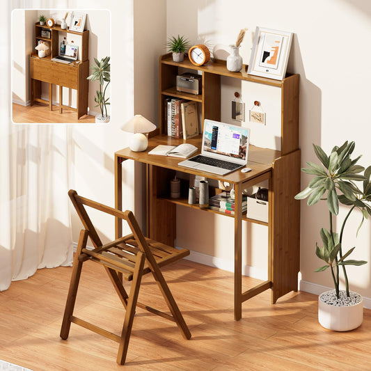 Usofhaus Bamboo Folding Desk with Bookshelf, Compact Computer Desk with Hutch for Small Spaces, Foldable Desk with Storage Shelf, Space-Saving Home Office Desk for Bedroom, Dorm, Apartment,Brown
