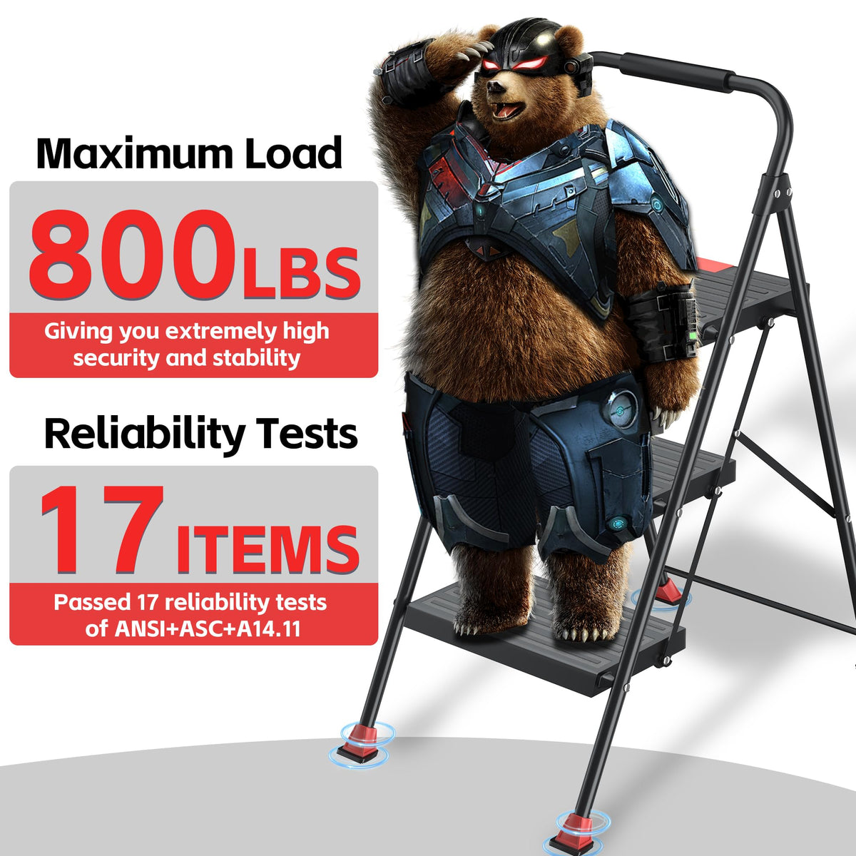 Foldable Step Ladder Folding Stool - 800Lbs Heavy Duty with Handrails for Home Adults Kitchen 3 Stepping Extension Tall - Indoor House Closet Stepstool Stair Ladders Extendable Stepladder