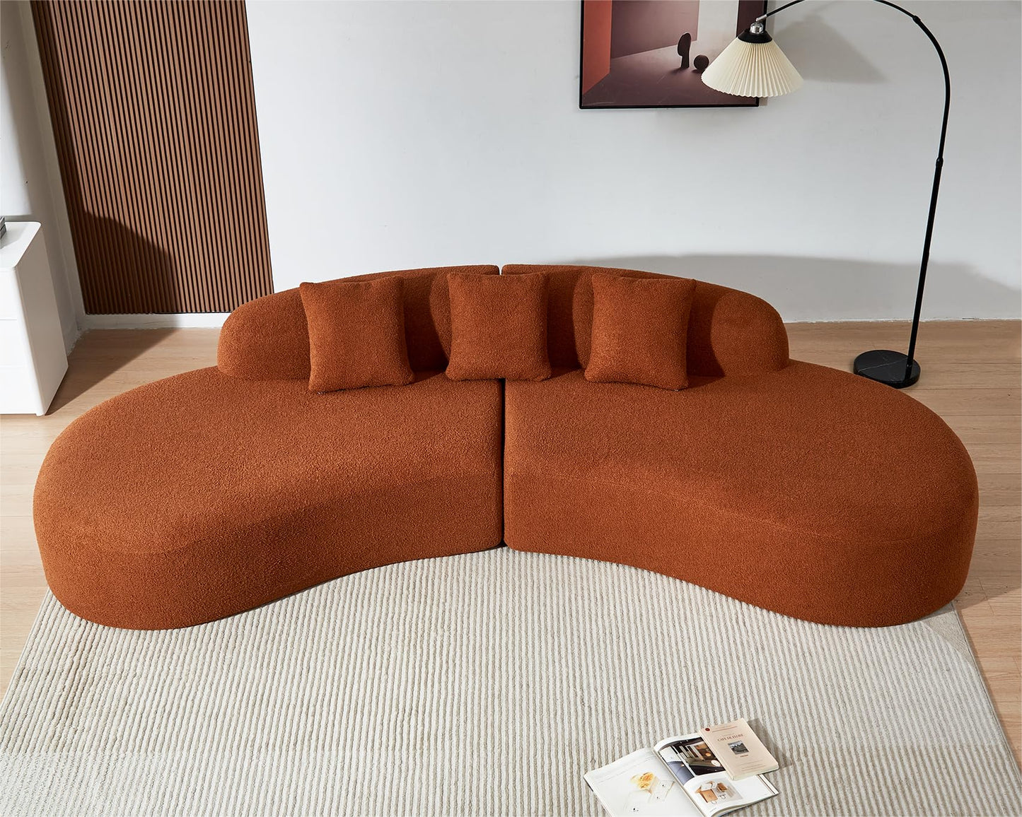 BBTJOINT Modern Curved Sectional Sofa, Boucle Fabric Boneless Couch, Oval Shape Chaise Lounge for Living Room with 3 Throw Pillows, (Burnt Orange)