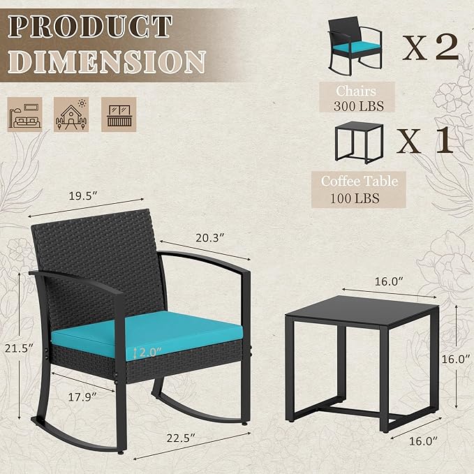 Homall Patio Furniture Set 3 Piece Resin Outdoor Bistro Set Rocking Patio Chairs