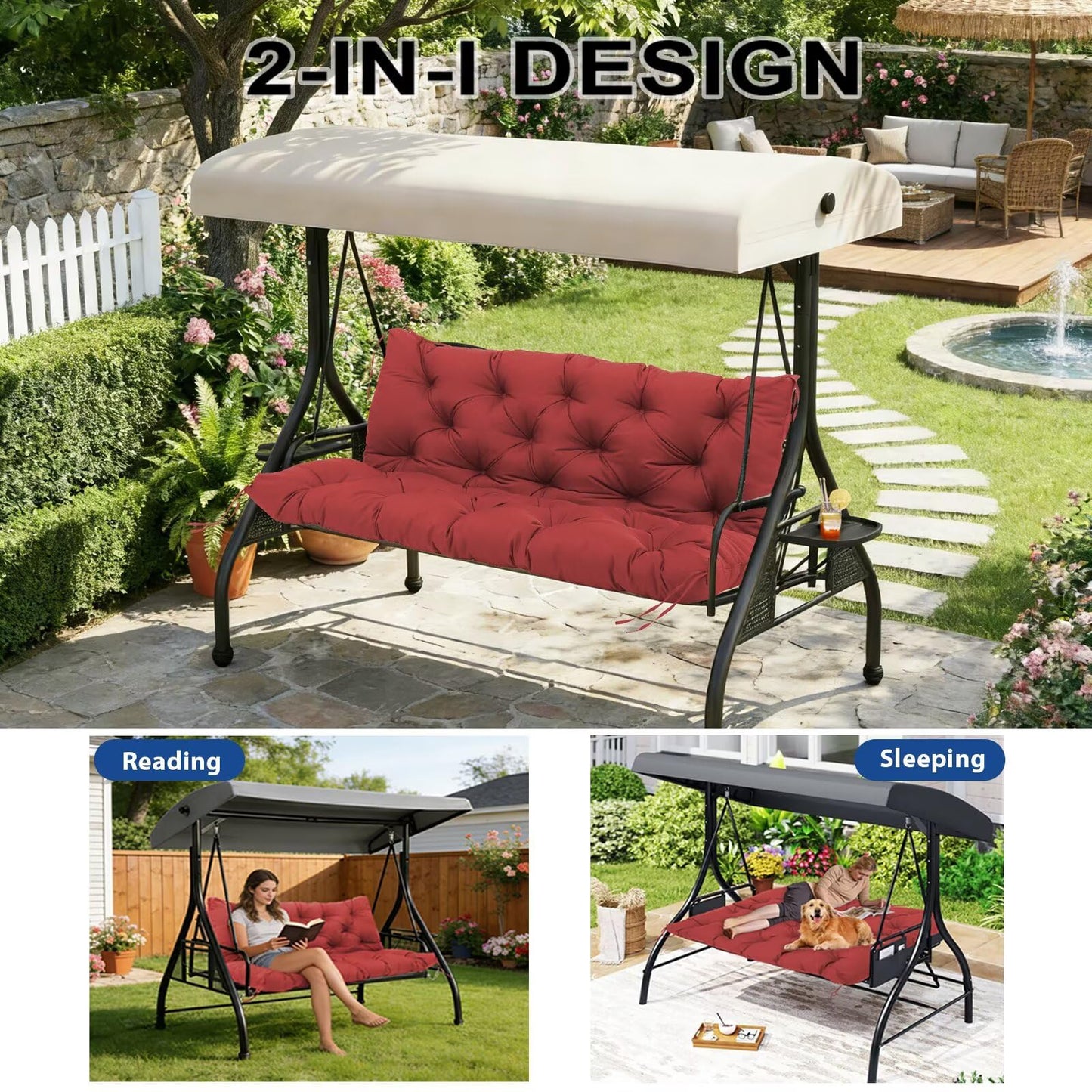 Porch Swing Cushions 2-3 Seater Replacement Thicken 5" Waterproof Swing Cushions for Outdoor Furniture Bench Patio Swing Cushion with Backrest & Ties(Wine Red 60x40x5inch)