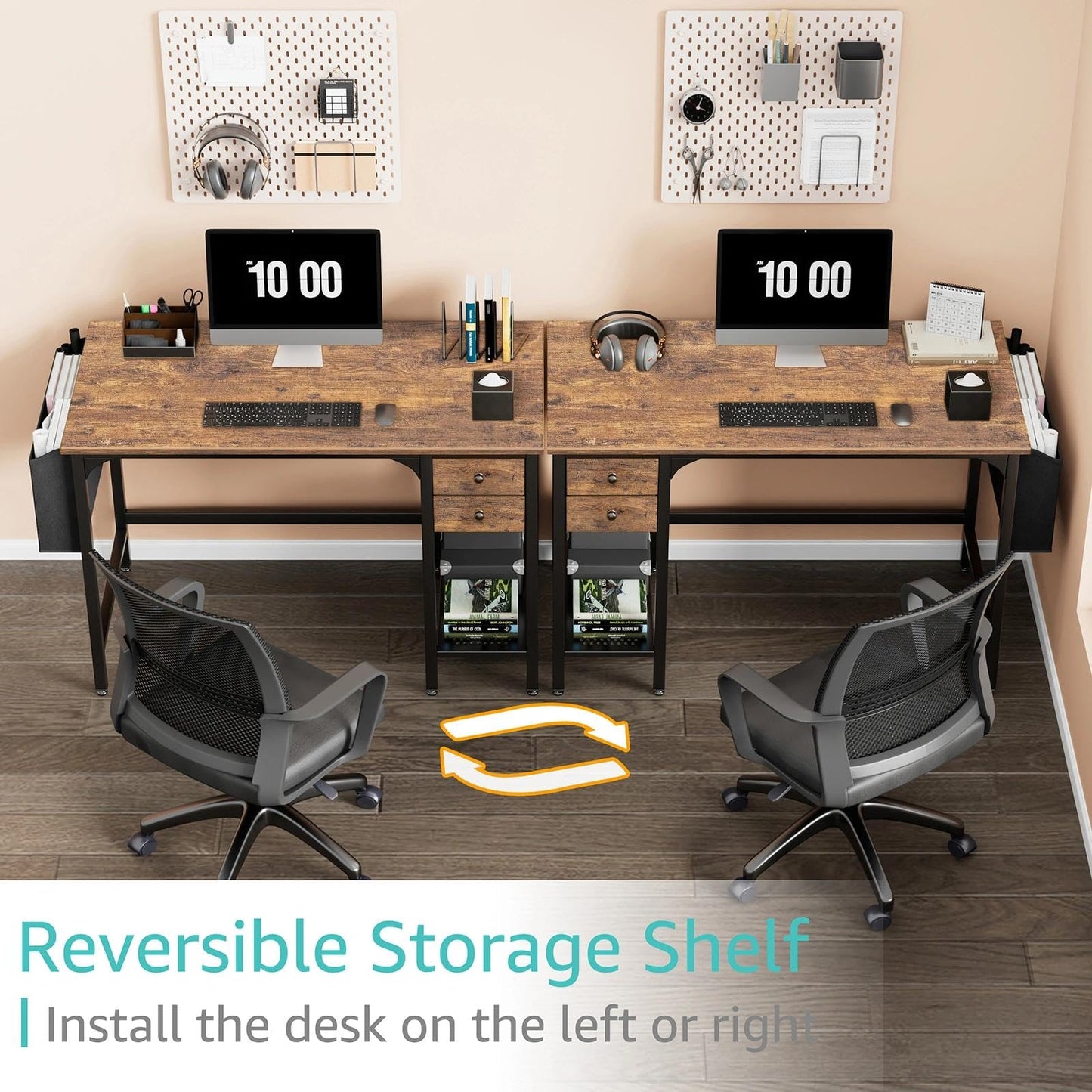 Lufeiya Computer Desk with Drawers - 40 Inch Work Reversible Small Desk for Bedroom Home Office, Simple Study Writing Table PC Desks with Drawer Storage Shelves, Rustic Brown