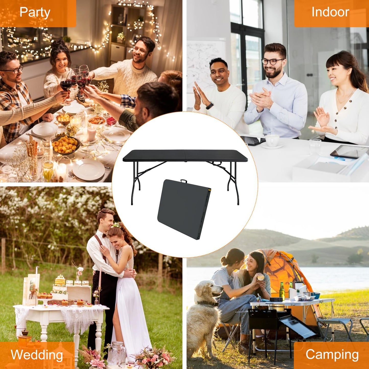 SculPong 6 FT Folding Table with Carry Handle, Portable Fold-in-Half Plastic Table, Rectangle Foldable Table for Indoor/Outdoor Black