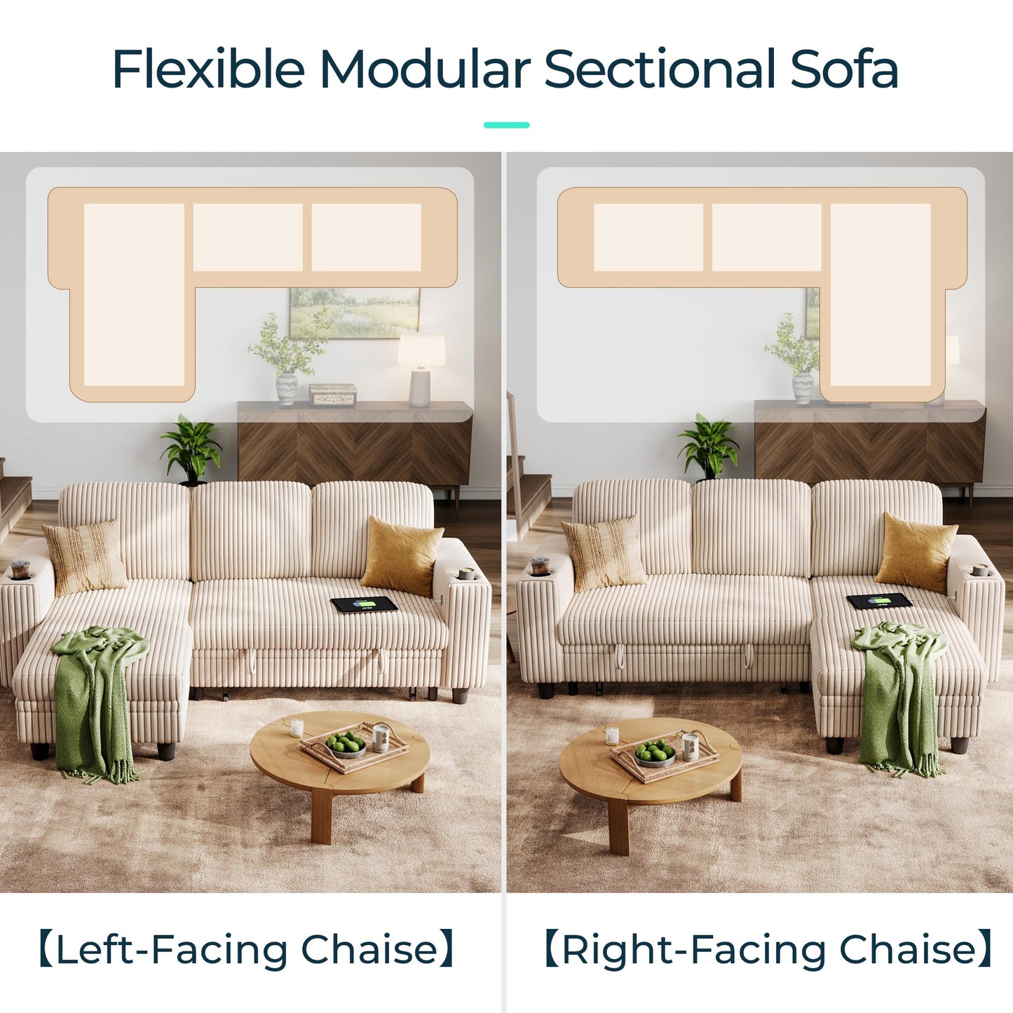 LINSY HOME Sectional Sleeper Sofa Pull Out Couches for Living Room (Beige, Sleeper Sofa 1) | Pull Out Sofa Bed, Storage, USB Charging, Cup Holders, Plush Corduroy