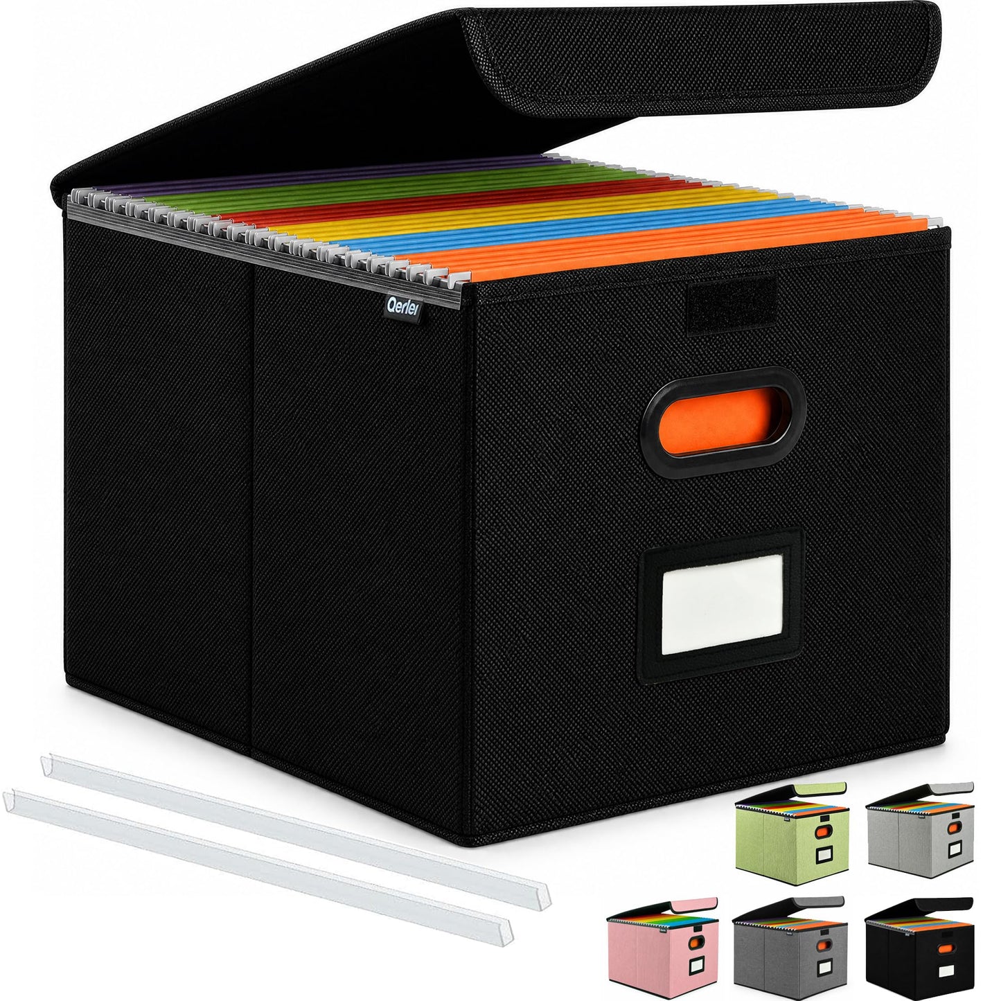 Qerlei File Organizer Boxes with Lids,Collapsible File Folder Organizer with Plastic Slide,Collapsible Filing & Storage Boxes for Office/Decor/Home (Black, 1 Pack)