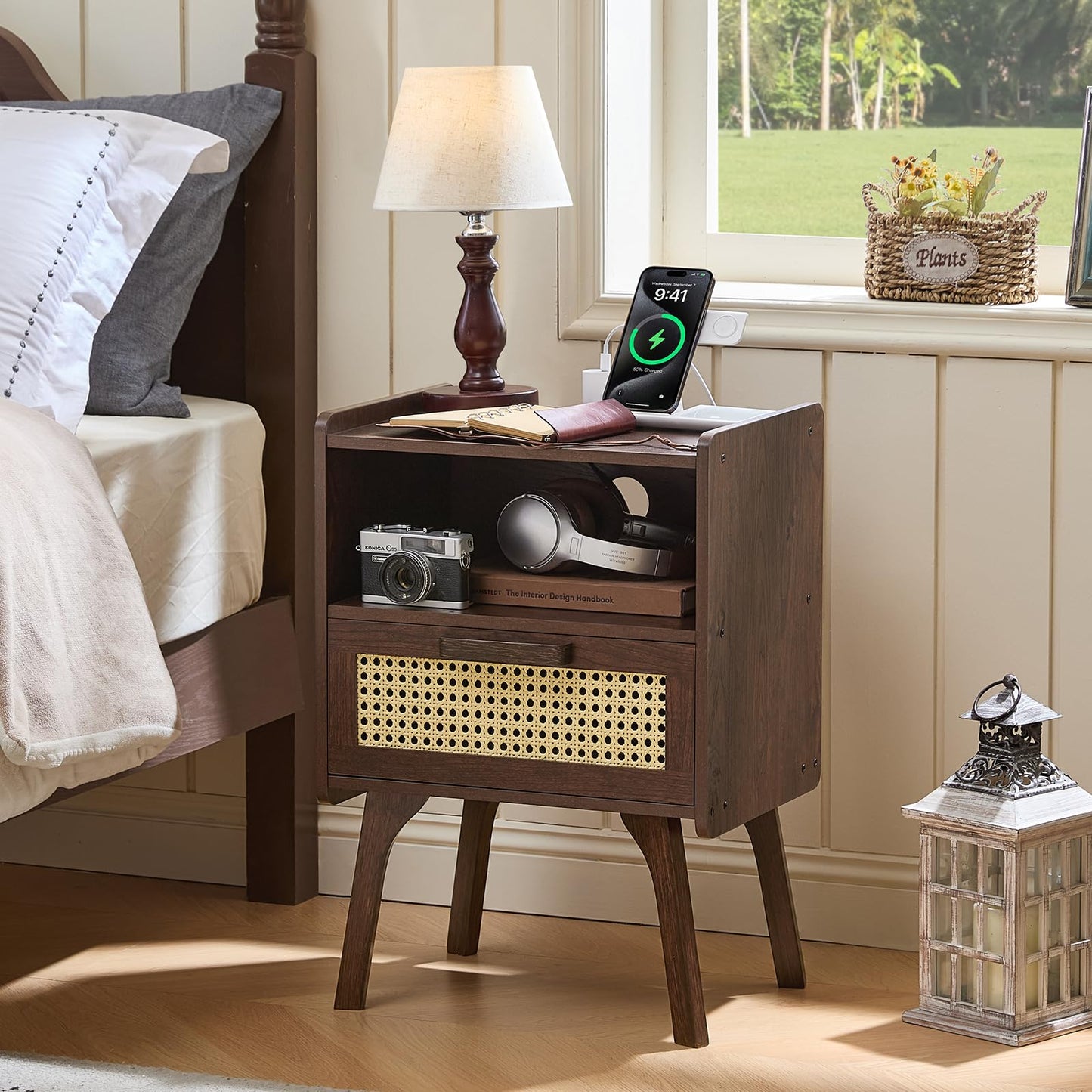 Lerliuo Rattan Nightstand with Charging Station, Walnut Bedside Table with Drawer Open Shelf, Cane Accent Side End Table with Solid Wood Legs, Night Stand for Bedroom, Dorm and Small Spaces