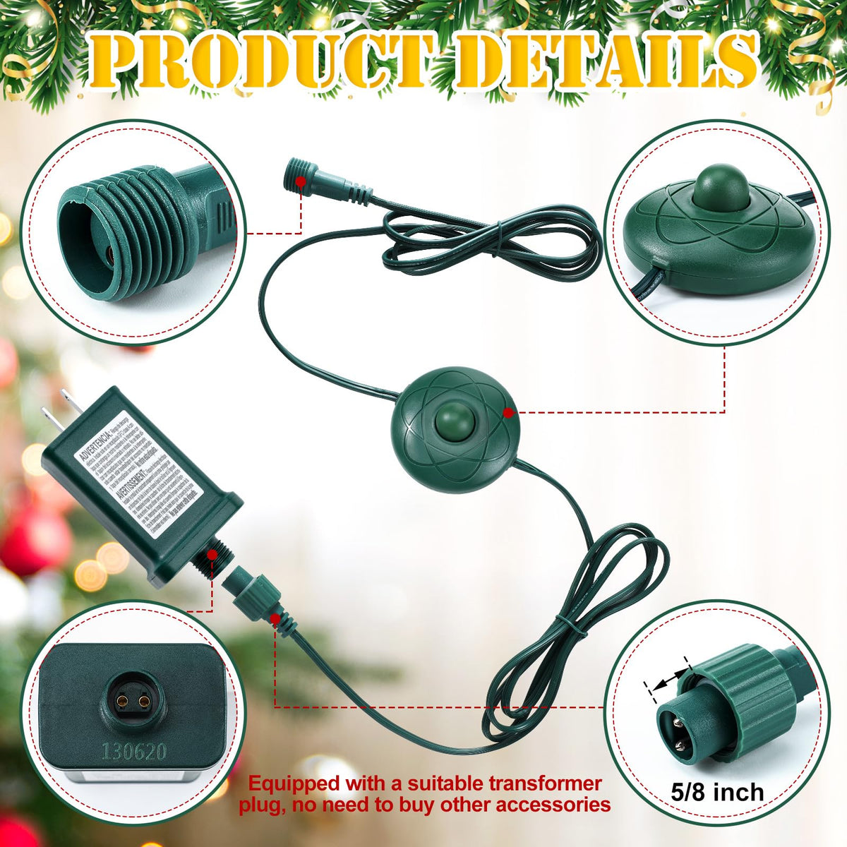 Flutesan 6 ft Power Cord LED Transformer 8 Light Modes for Christmas Light Raintight Foot Switch 5/8 Inch Plug Compatible Replacement Holiday Connector for LED String Holiday