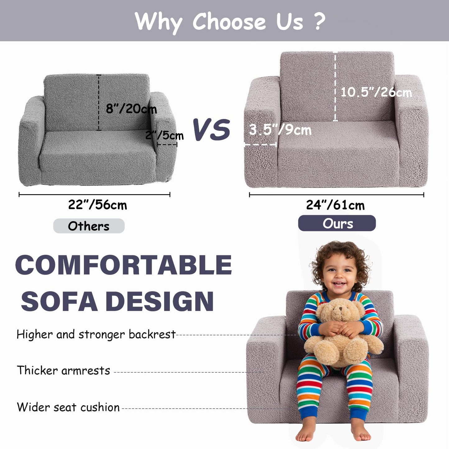 Tiita Kids Sofa, 2-in-1 Todder Couch, Convertible Children Couch to Lounger, Flip Out Kids Sofa Chair, Toddler Armrest Chair Bed, Folding Kids Play Sofa for Girl or Boy (Grey)