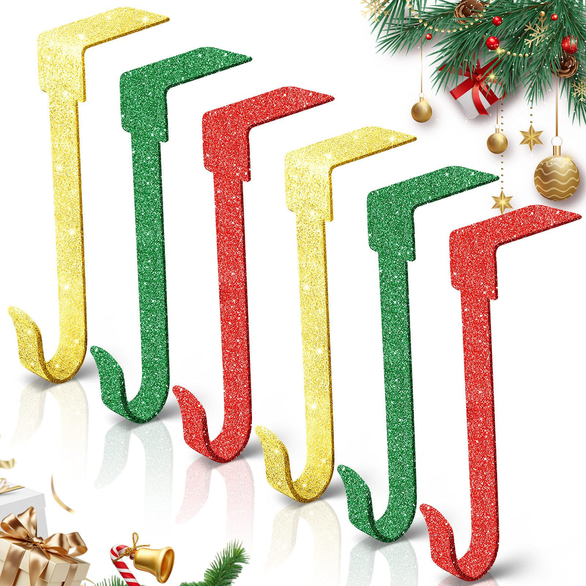 Therwen 6 Pcs Glitter Christmas Stocking Holders Shiny Fireplace Stocking Holders Set with No-Slips Strips Safety Mantel Hanger Hooks Xmas Mantle Grips for Tabletop Shelf Party Decor (Gold,Red,Green)