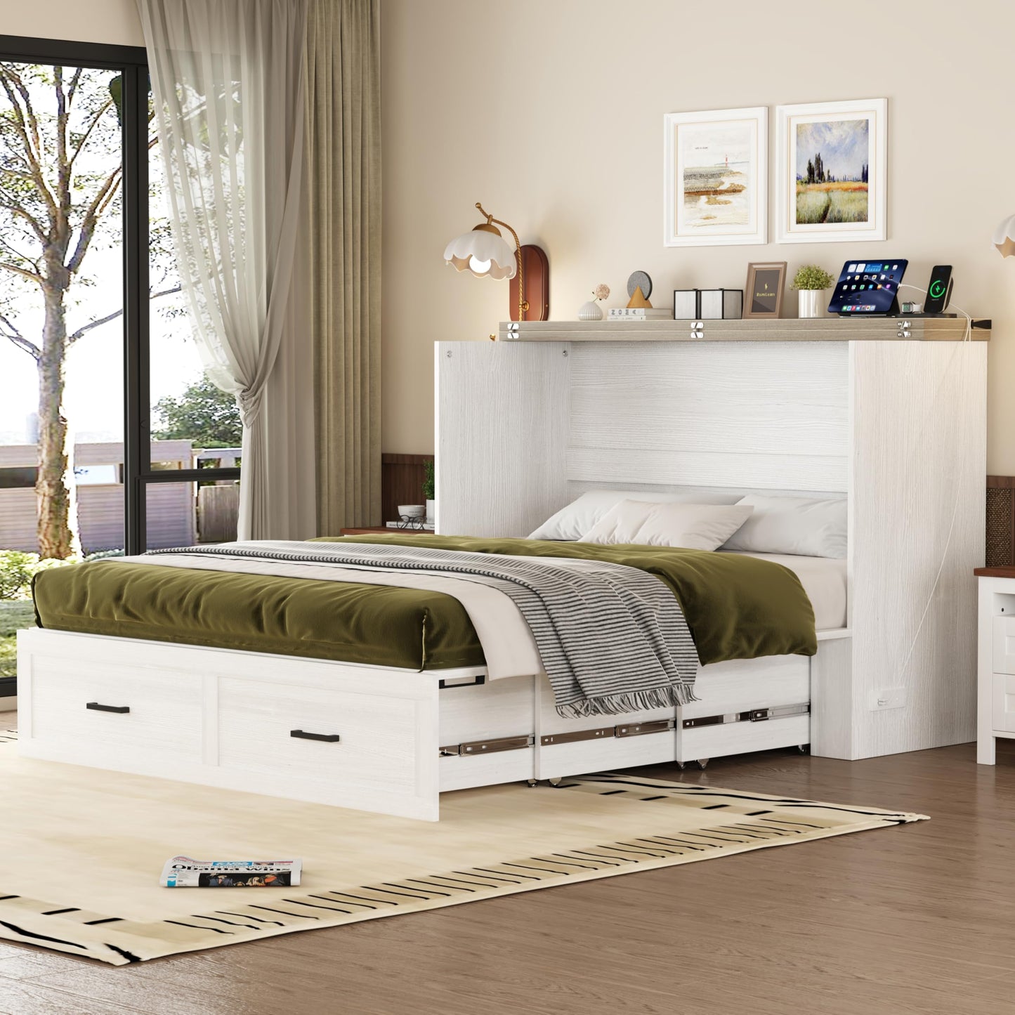 BOVTE White Farmhouse Queen Murphy Cabinet Bed with Charging Station, Foldable Platform & Large Storage Drawer for Guest Rooms
