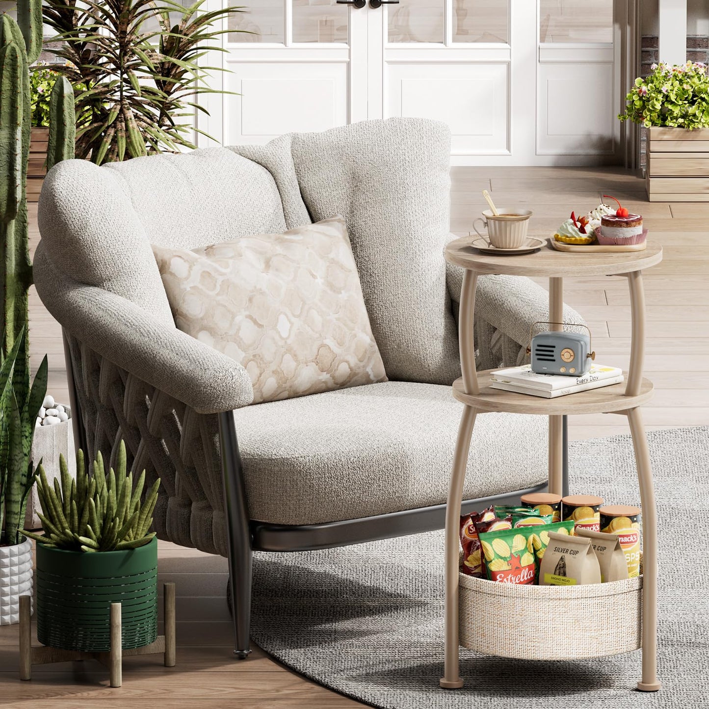 Yuede Small Side Table with Storage Basket, Space Saving Round End Table 3-Tier Bedside Corner Stand for Living Room, Bedroom, Garden and More 11.81in Light Oak