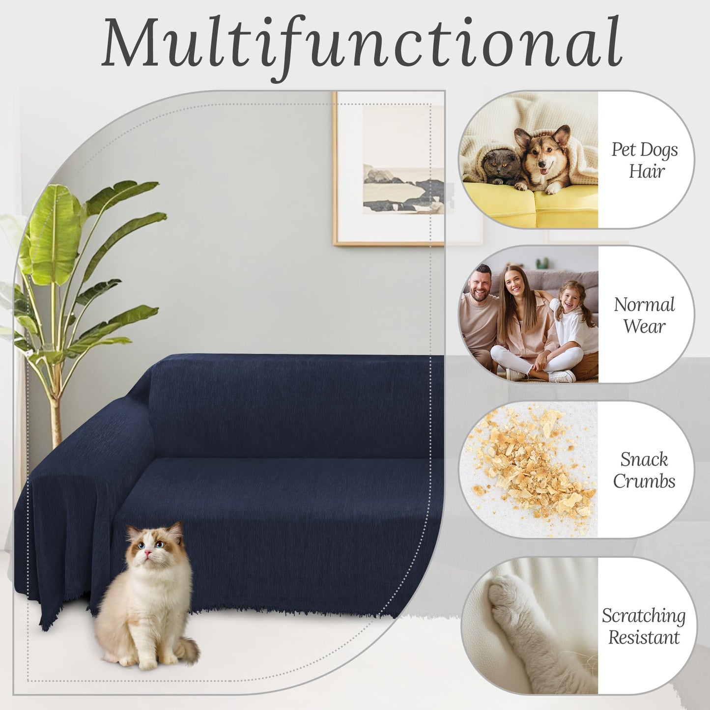 HDCAXKJ Corner Sectional Couch Covers for Dogs L Shape Sofa Cover with Tassel Chenille Super Soft Non Slip U Shaped Couch Cover Blanket Washable Pet Sectional Slipcovers Protector (Navy, 91x276 inch)