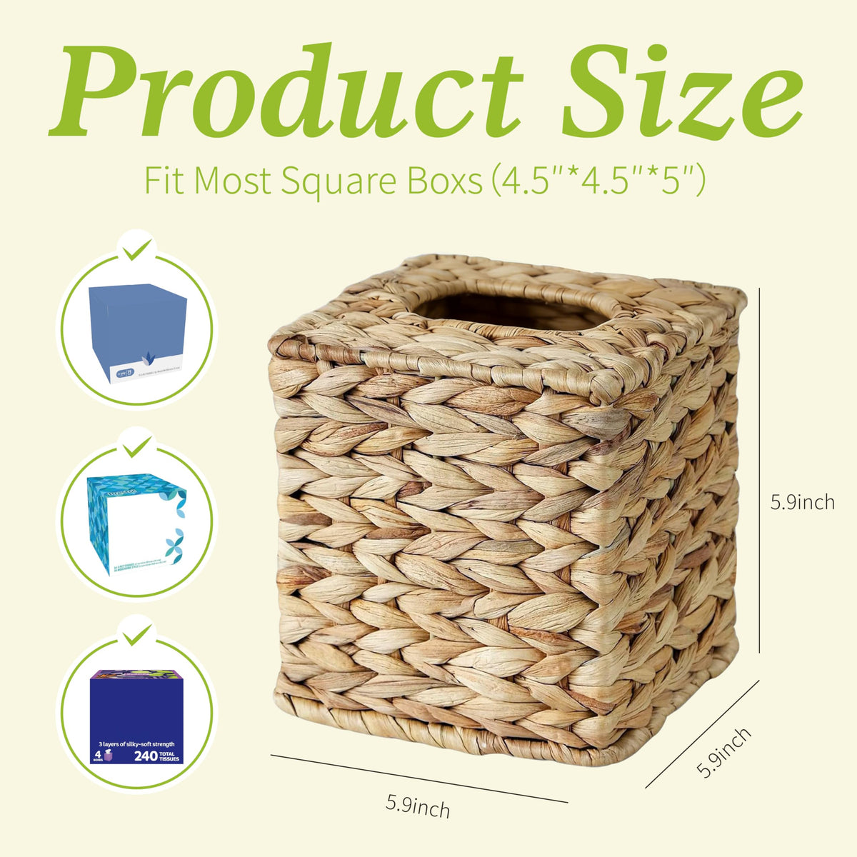 Water Hyacinth Handwoven Tissue Box Cover, Square Decorative Tissue Holder, Natural Handmade Wicker Napkin Box Holder for Bathroom, Living Room, Bedroom, Boho Farmhouse Home Decor