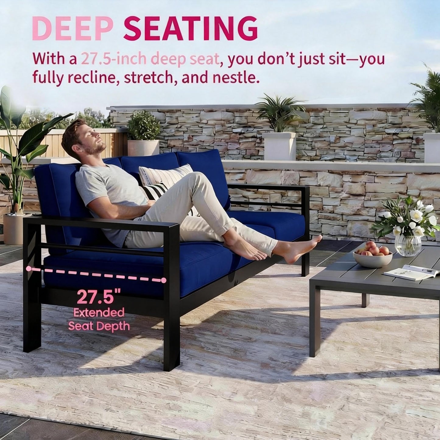 Kiss the Water 3 Seats Aluminum Outdoor Patio Sofa Set, All Weather Rust-Proof Metal Patio Couch, Modern Outdoor Furniture for Backyard Porch Garden, 5" Thick Waterproof Olefin Cushions, Light Grey