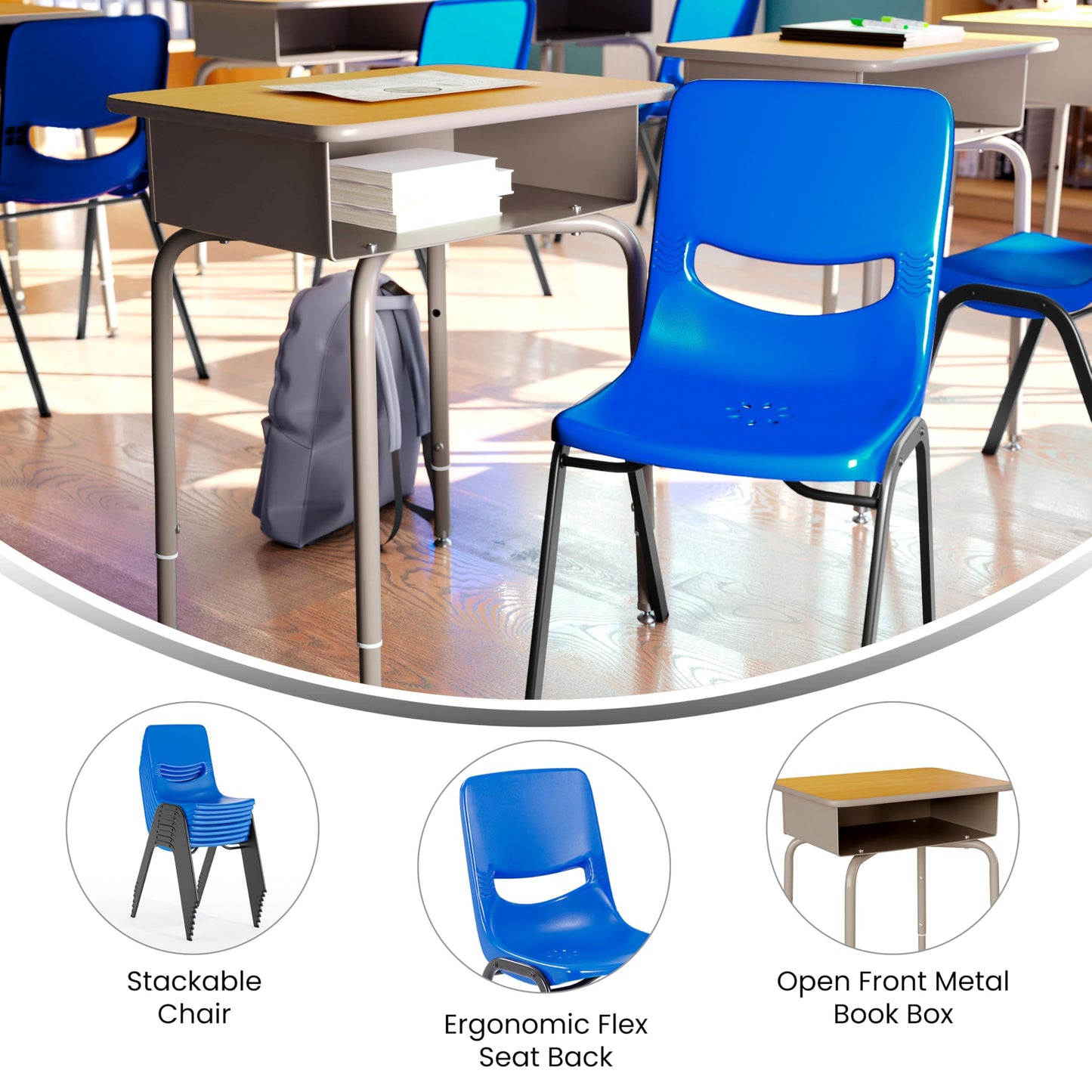 Flash Furniture Hercules Student Desk with Open Front Metal Book Box, Desktop, and Frame and Heavy-Duty Flex Comfort Classroom Stack, Set of 1, Maple Top/Navy Chair