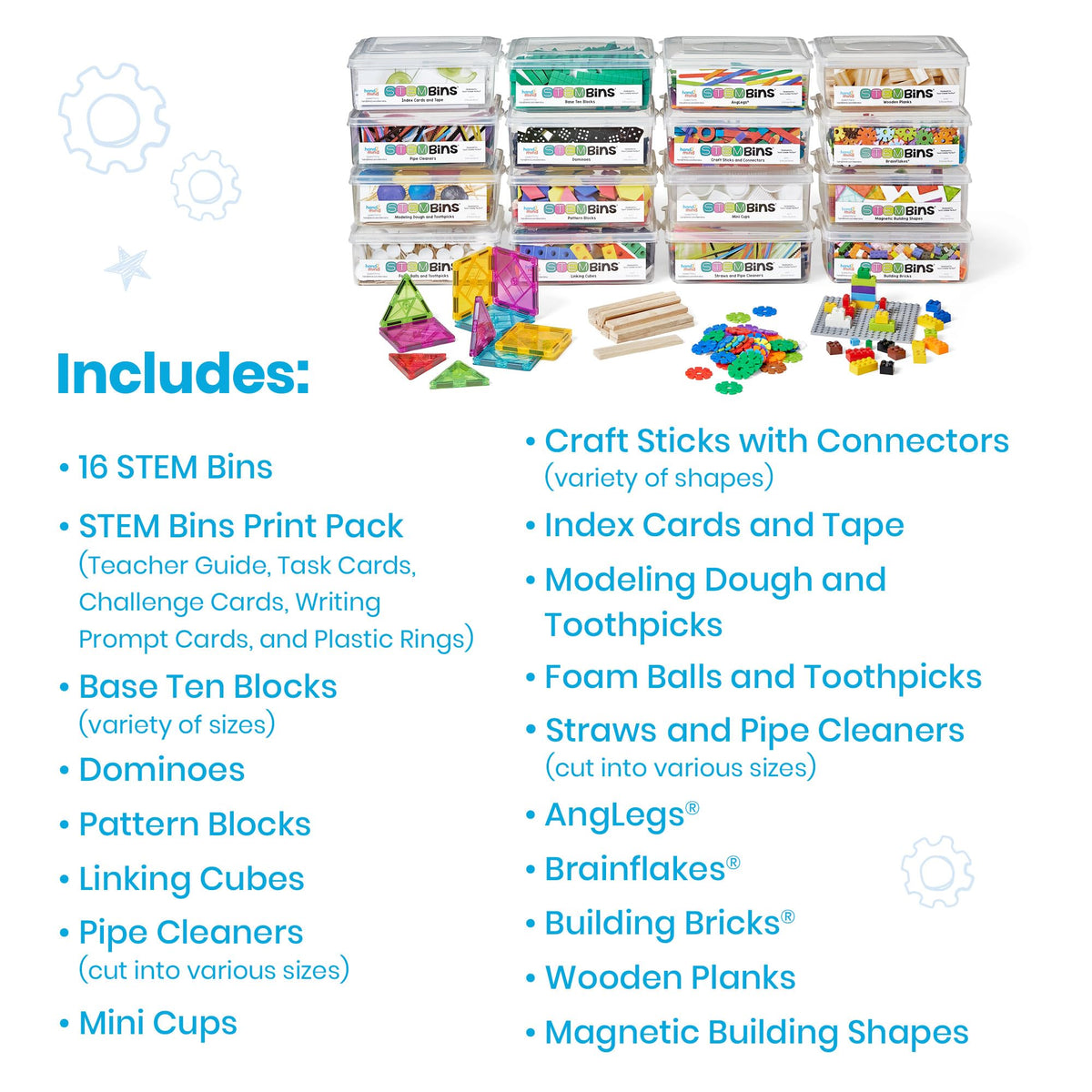 hand2mind STEM Bins Comprehensive Set by Brooke Brown, STEM Bins for Classroom, STEM Manipulatives for Elementary, STEM Activities, Kids Engineering Building Kits, Science Teacher Supplies (Set of 16)