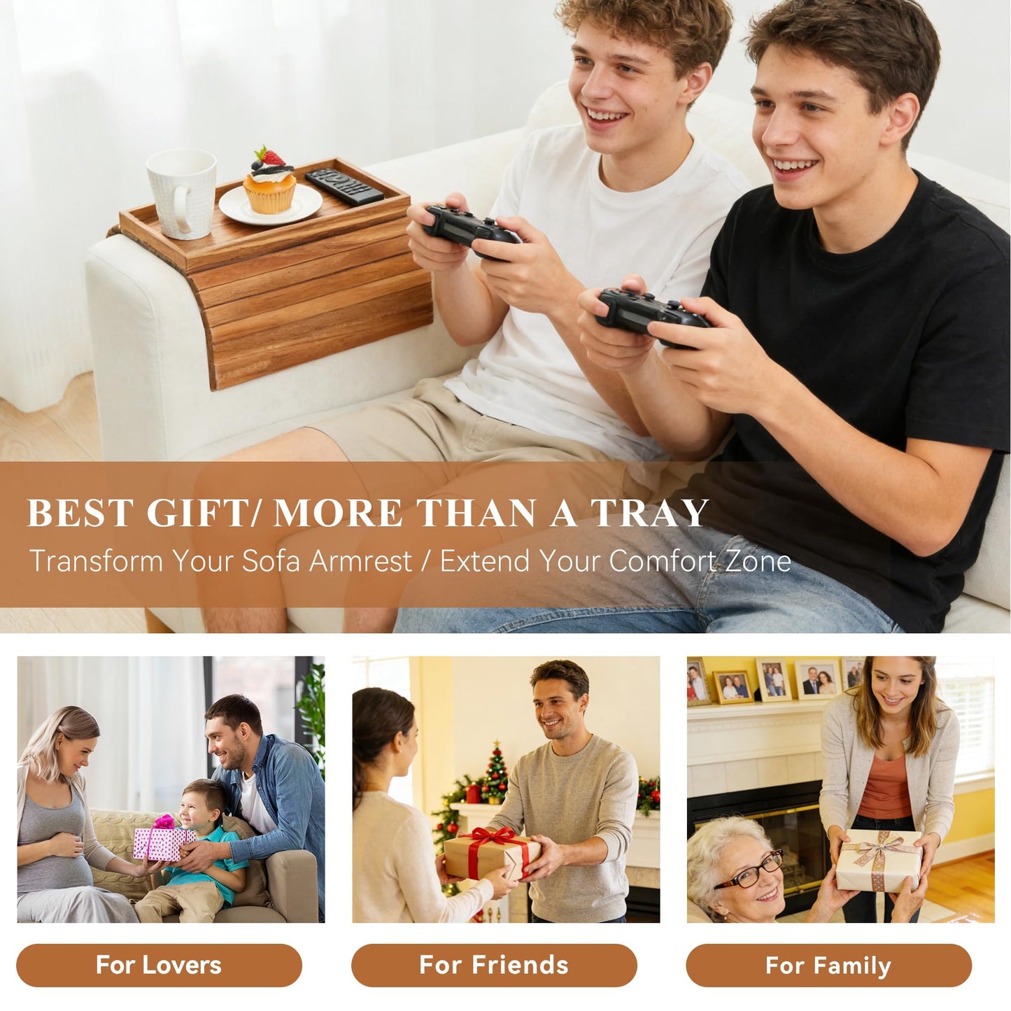 GEHE Acacia Wood Sofa Arm Tray, Foldable Couch Arm Tray Side Table, Anti-Falling Armrest Tables Cup Holder for Snacks, Drinks, Beers, Phone, Control, Flexible and Portable, Anti-Slip