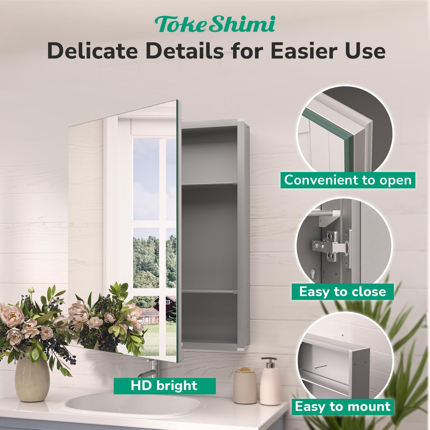 TokeShimi 16x24 Bathroom Medicine Cabinet with Mirror, Aluminum Silver Recessed or Surface Mount with Adjustable Storage Metal