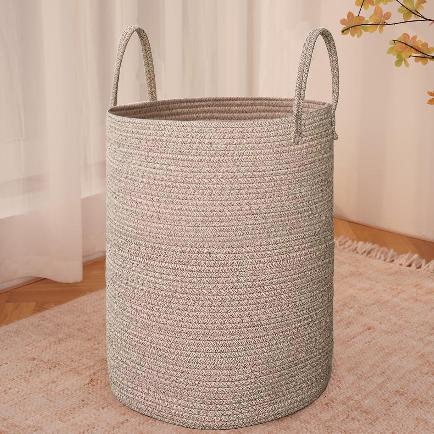 JMvicyroam Large Woven Laundry Basket Hamper,60L Cotton Rope Storage Bin for Blankets,Toys and Clothes,Decorative Tall Nursery Hamper for Living Room,Baby Nursery,Bathroom and Bedroom,Oatmeal
