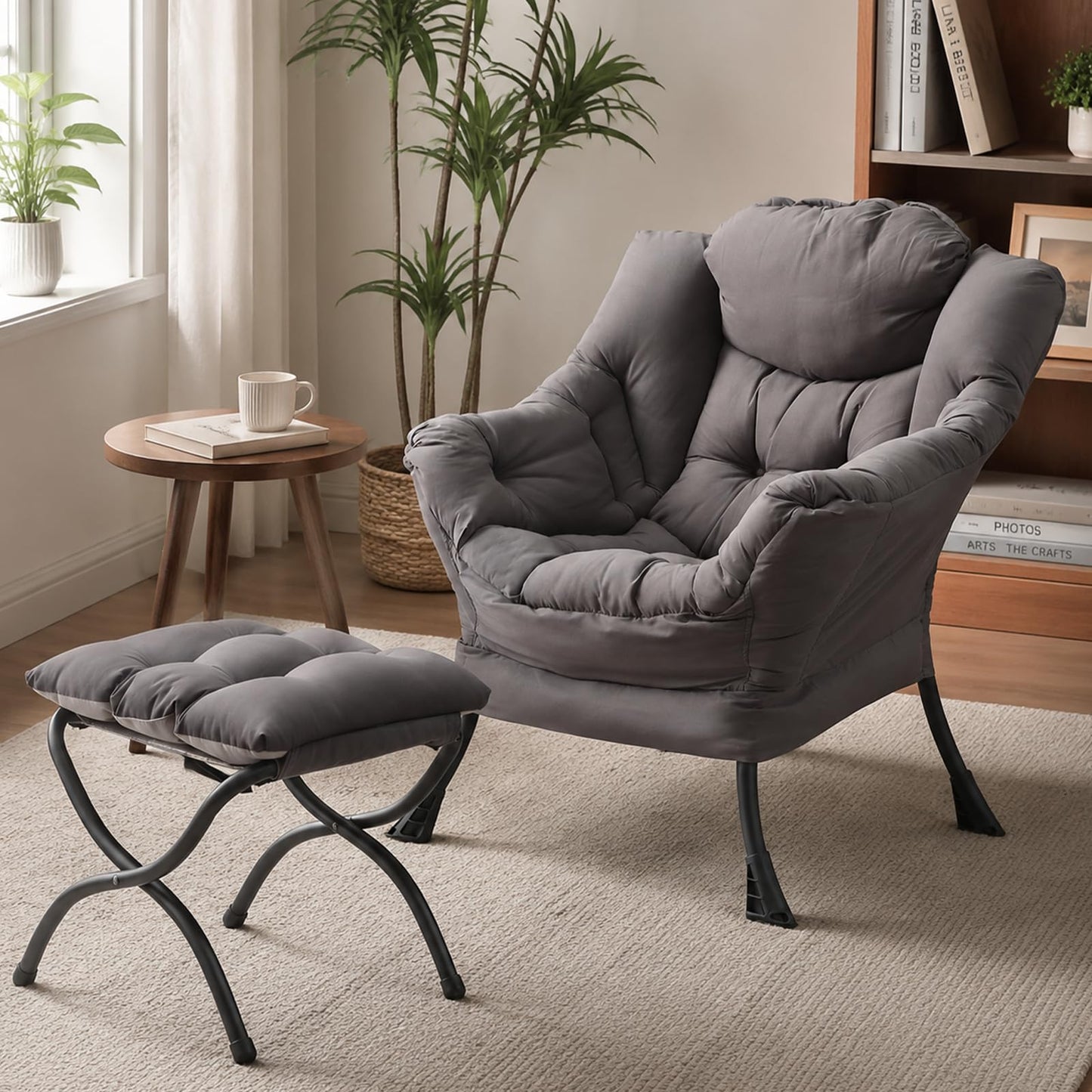 Givjoy Lazy Chair with Ottoman, Large Dark Grey Accent Chair with a Side Pocket, Modern Leisure Upholstered Sofa Reading Armchair with Footrest for Office, Bedroom, Living Room, Dorm Rooms, Balcony