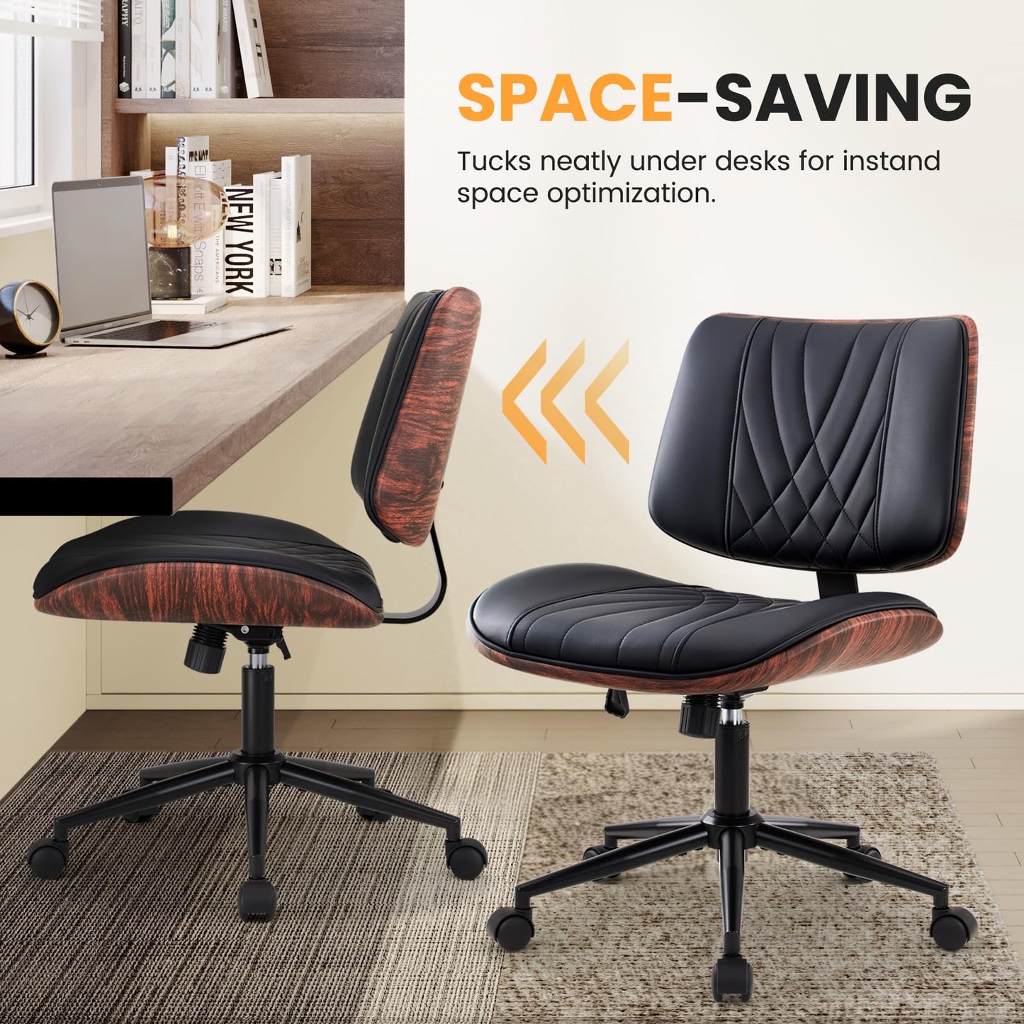 IWMH Home Office Chair Swivel Desk Chair with Wheel Small Computer Chair Armless Task Chair Modern Walnut PU Leather Backrest Rocking Function Adjustable Height, Study Reading Meeting Room (Black)