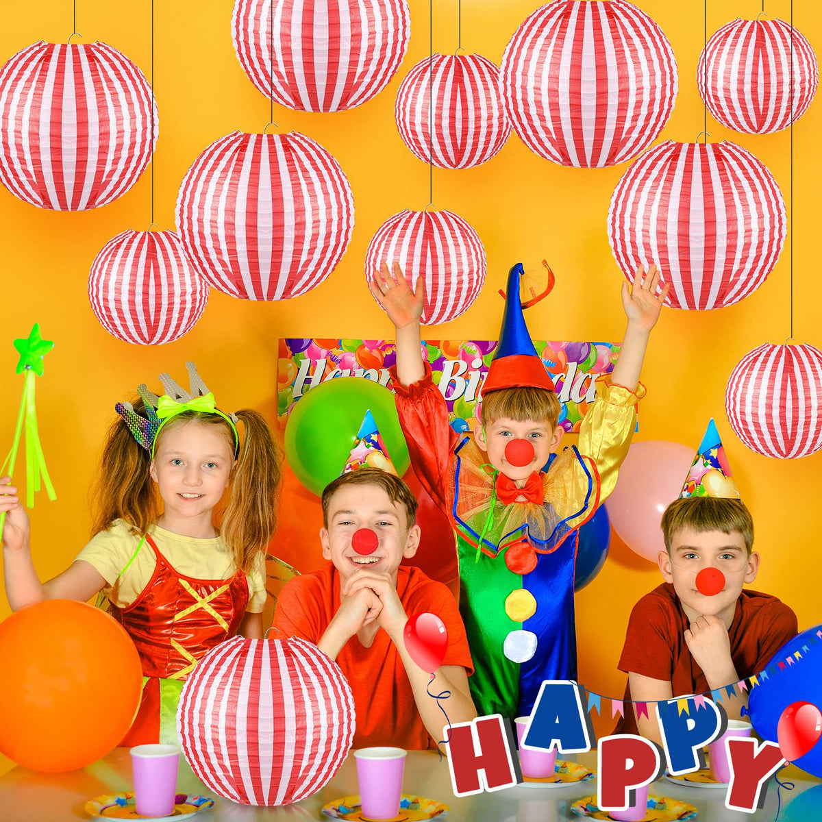 Hortsun 12 Pcs Carnival Circus Decorations Red and White Stripes Paper Lanterns Chinese Hanging Paper Lanterns for Carnival Circus Wedding Birthday Party Baby Shower Home Decoration