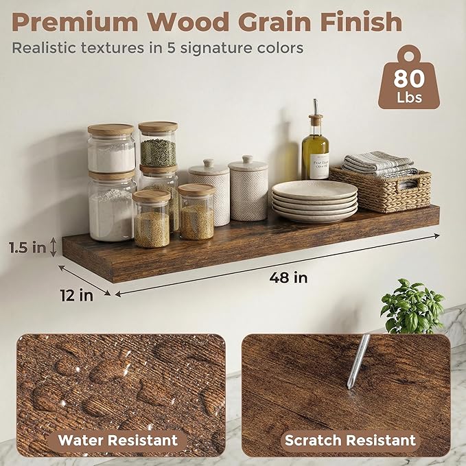 12 inch Deep Floating Shelves for Wall, 48 inch Wide Engineered Wood Wall