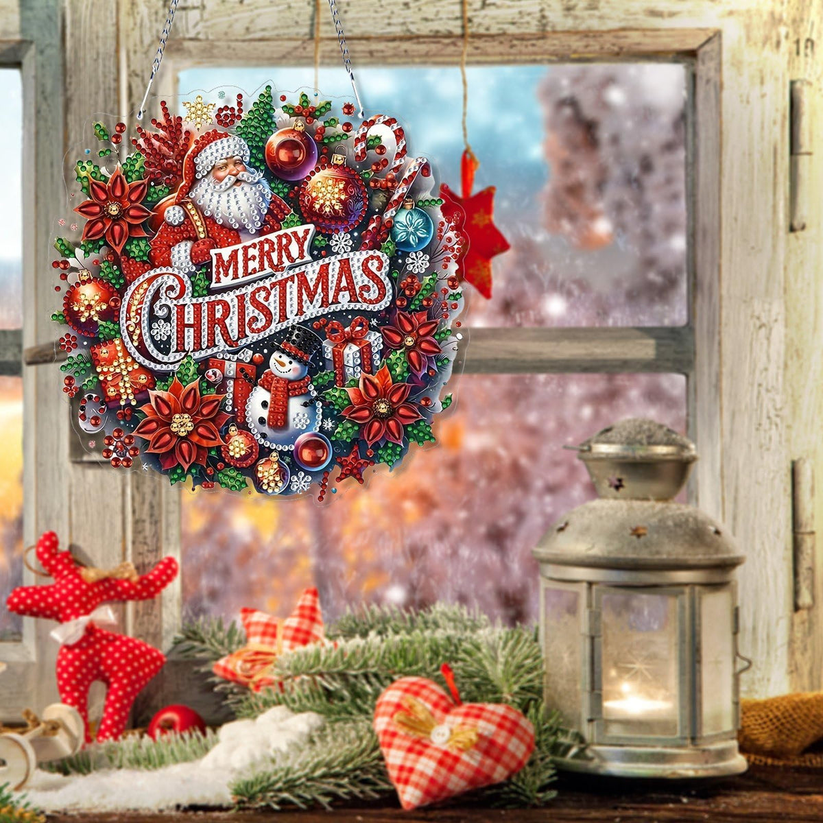 VODAPYC Christmas Santa Diamond Art Hanging Kit for Adults, DIY Double Sided Special Shaped Diamonds Art Window Pendant Ornament for Home Decor(Santa Wreath-2)