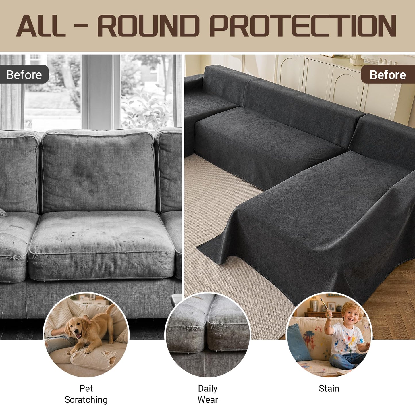 Deep Dream Sectional Couch Covers U Shape, 3 Pieces Waterproof Sofa Cover for Sectional Sofa, Non Slip U Shaped Couch Cover with Chaise Lounge for Dogs Pets, Dark Grey (2PCS 110"x63" + 1PCS 90"x71")
