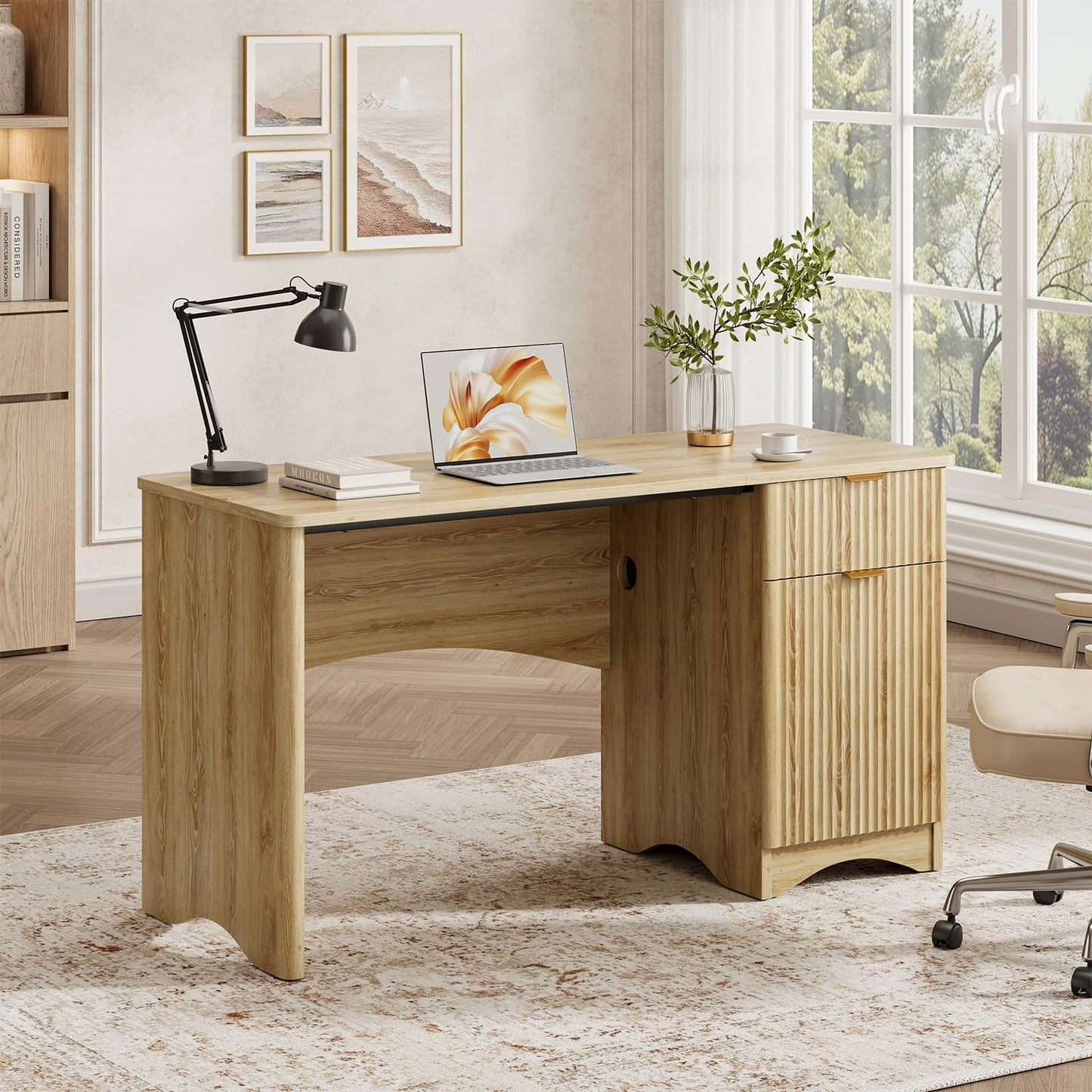 Bestier 47 inch Fluted Computer Desk with Drawer, Office Desk with File Cabinet, Modern Wood Desk with Storage Cabinet for Home Office Bedroom Study, Natual Oak