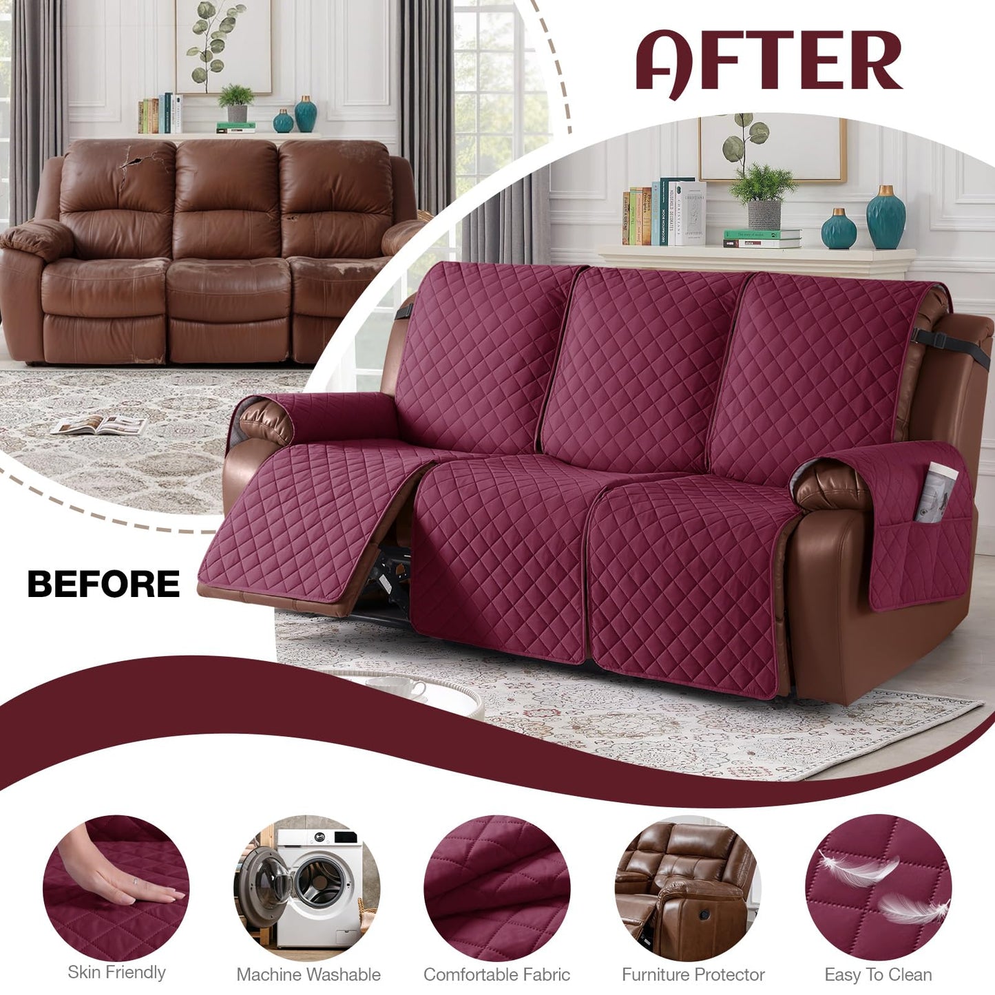 KinCam Recliner Sofa Covers for 3 Seat, 100% Waterproof Reclining Couch Covers, Non-Slip Recliner Couch Cover Furniture Protector with Elastic Straps for Pets, Kids, Burgundy