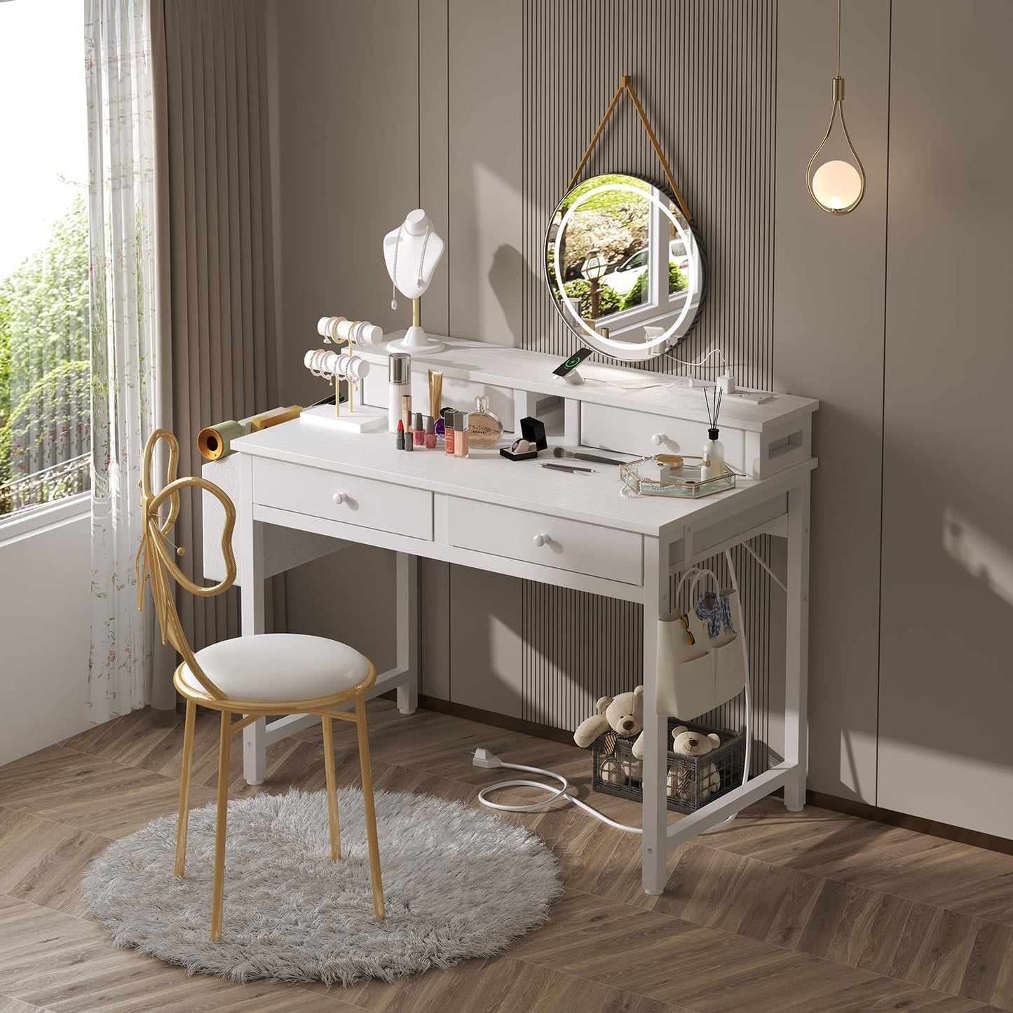 Lufeiya Small White Kids Desk with Fabric Drawers for Bedroom, 32 inch Vanity Makeup Desk with Drawers Storage for Home Office, Writing Study Table with Power Outlet & Monitor Stand, White