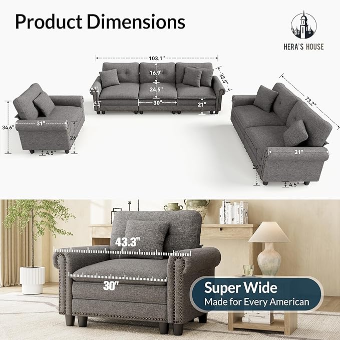 HERA'S HOUSE 3 Pieces Modular Sectional Sofa Sets, Oversized Couch Set