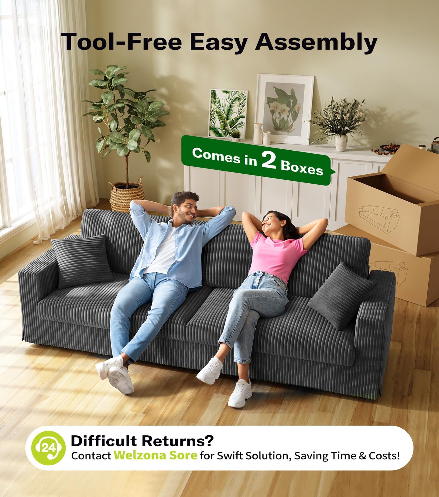 Welzona Plush Corduroy Couch, 101" Comfy Couches for Living Room, Tool-Free Setup Sofas for Living Room 6.3" Extra Wide Armrest, All-Wood Loveseat Sofa Couch for Bedroom/Office, 2 Pillow, Classic Grey