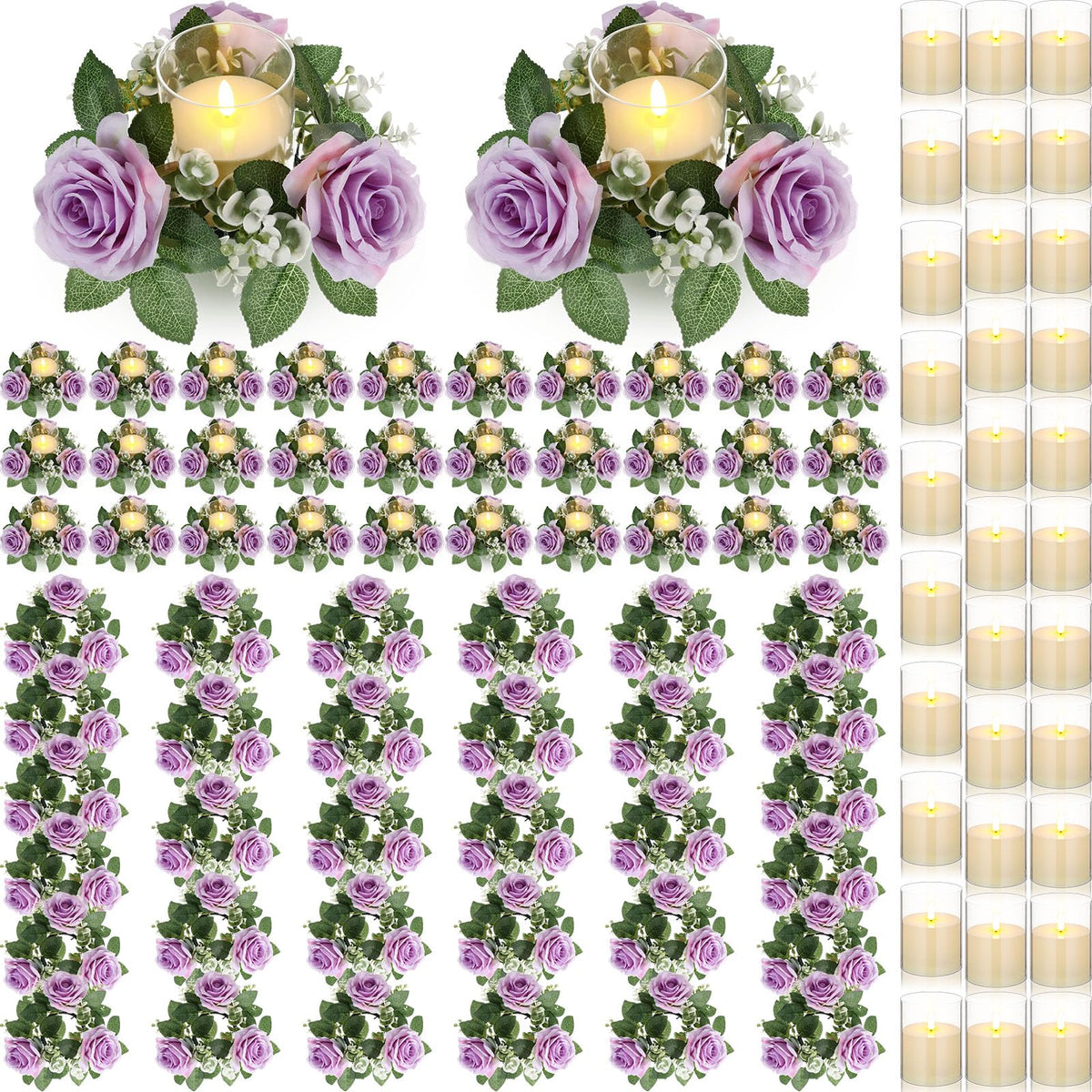 Yunlly 32 Pcs Rose Candle Rings with Flameless Candles Sets, Artificial Flower Eucalyptus Wedding Centerpiece 3 Inch Pillar Candleholders Wreaths for Wedding Party Mother's Day (Purple)