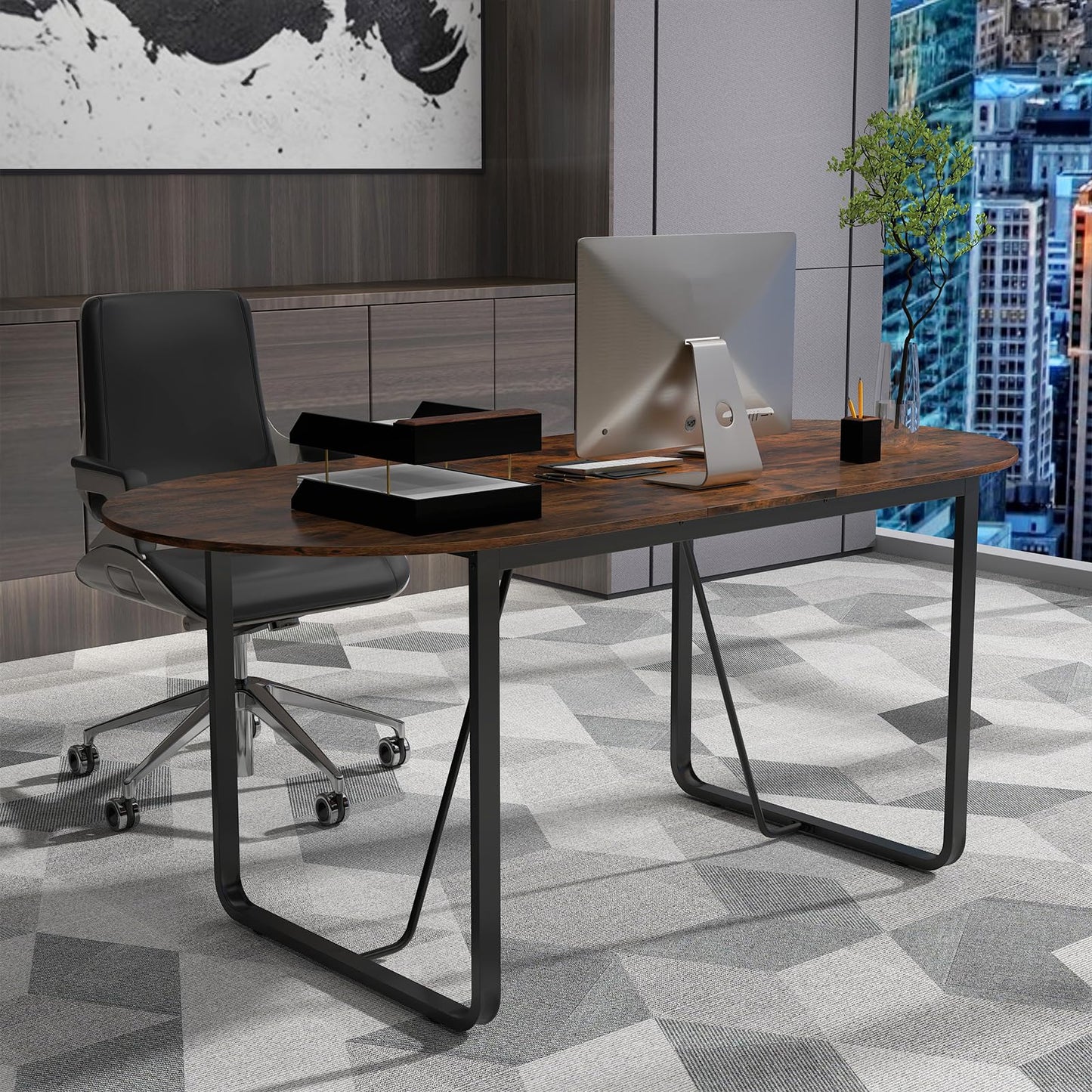 GOFLAME 71 Inches Executive Table, Oval Home Office Table with Cable Management Hole & Metal Frame, Seminar, Conference Table for 10 People, Large Business Furniture for Meeting Room