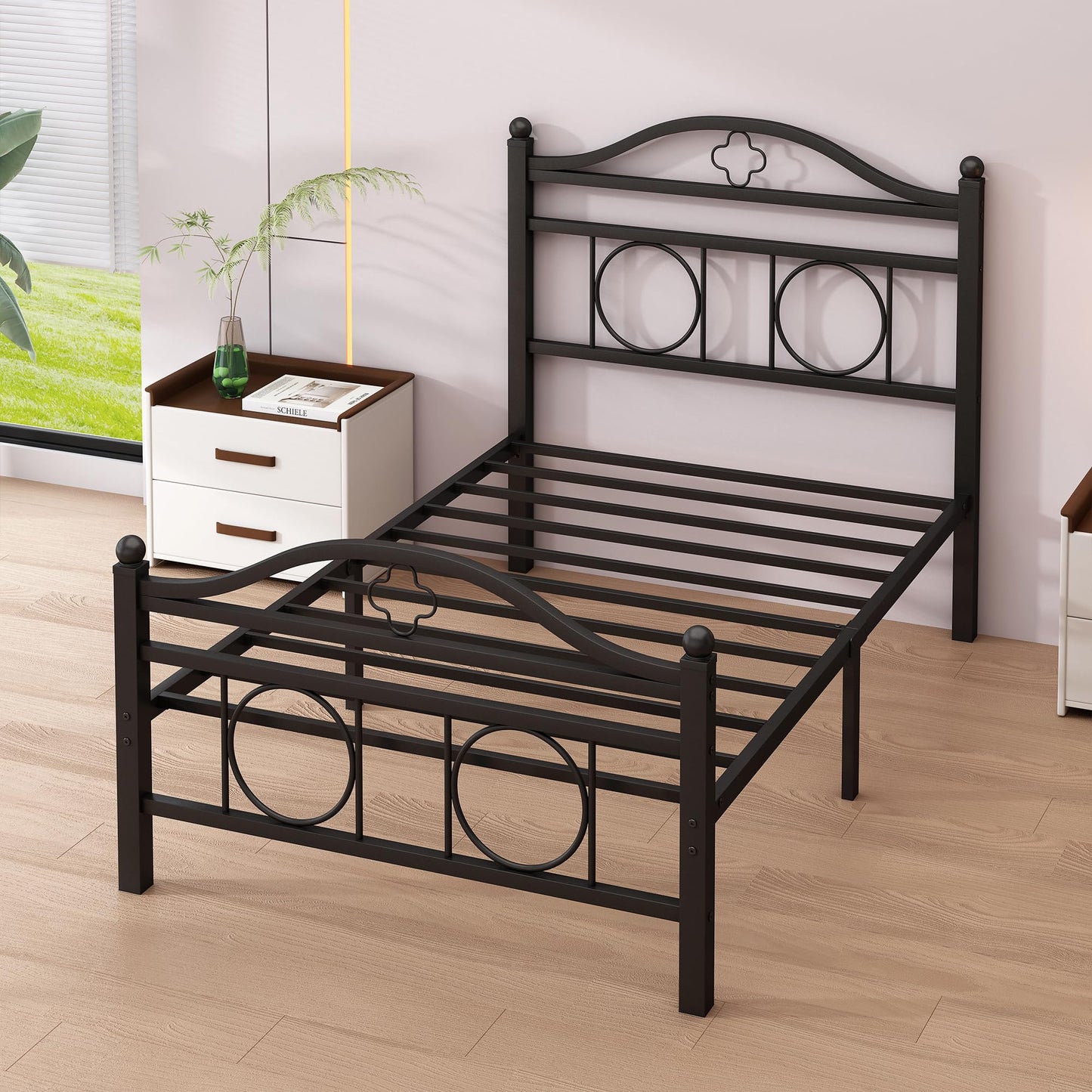 Vcaleets Twin Bed Frame with Headboard,Heavy Duty Steel Slats Support Mattress Foundation-Under Bed Storage, No Box Spring Needed, Noise Free