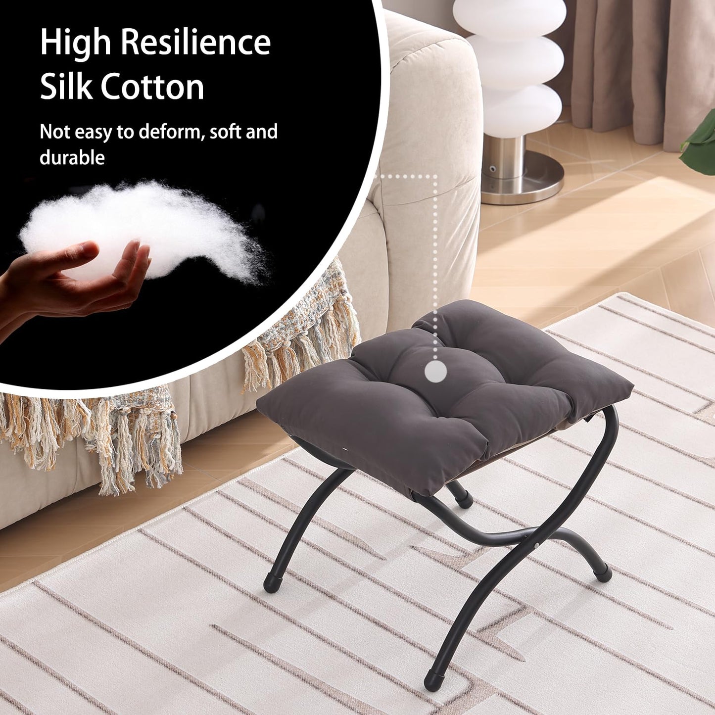 Welnow Folding Foot Stool, Upholstered Small Accent Ottoman with Detachable Thick Cotton Cushion Padded Sofa Stool and Metal Frame for Lazy Chair, Living Room, Bedroom, Dark Grey
