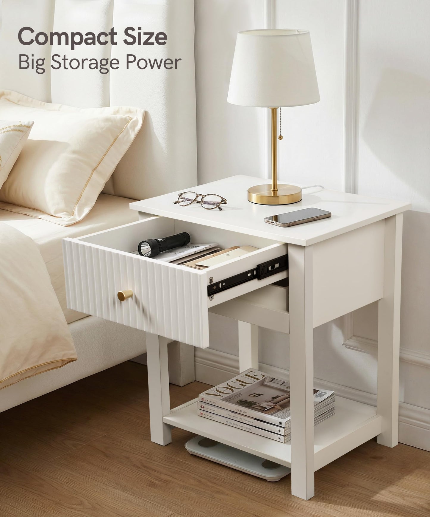 Aylenic Night Stand with Gun Drawer, White Wood Bedside Table, Modern Farmhouse Side Table Bedroom Gun Safe with Hidden Compartment, Handgun Safe for Nightstands Simple Aesthetic End Table