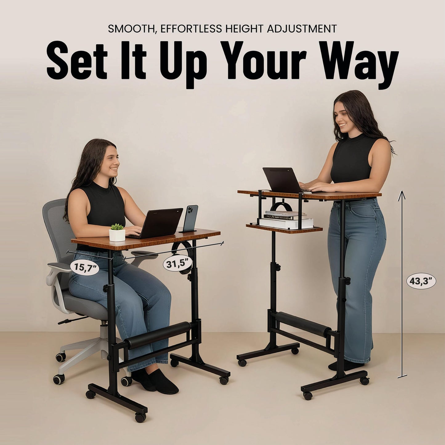 Model 2026 Adjustable Height Rolling Desk With Wheels Portable Compact Laptop Table Mobile Workstation For Study Office Small Space Standing Desk Ergonomic Writing Surface Modern Home Furniture Brown