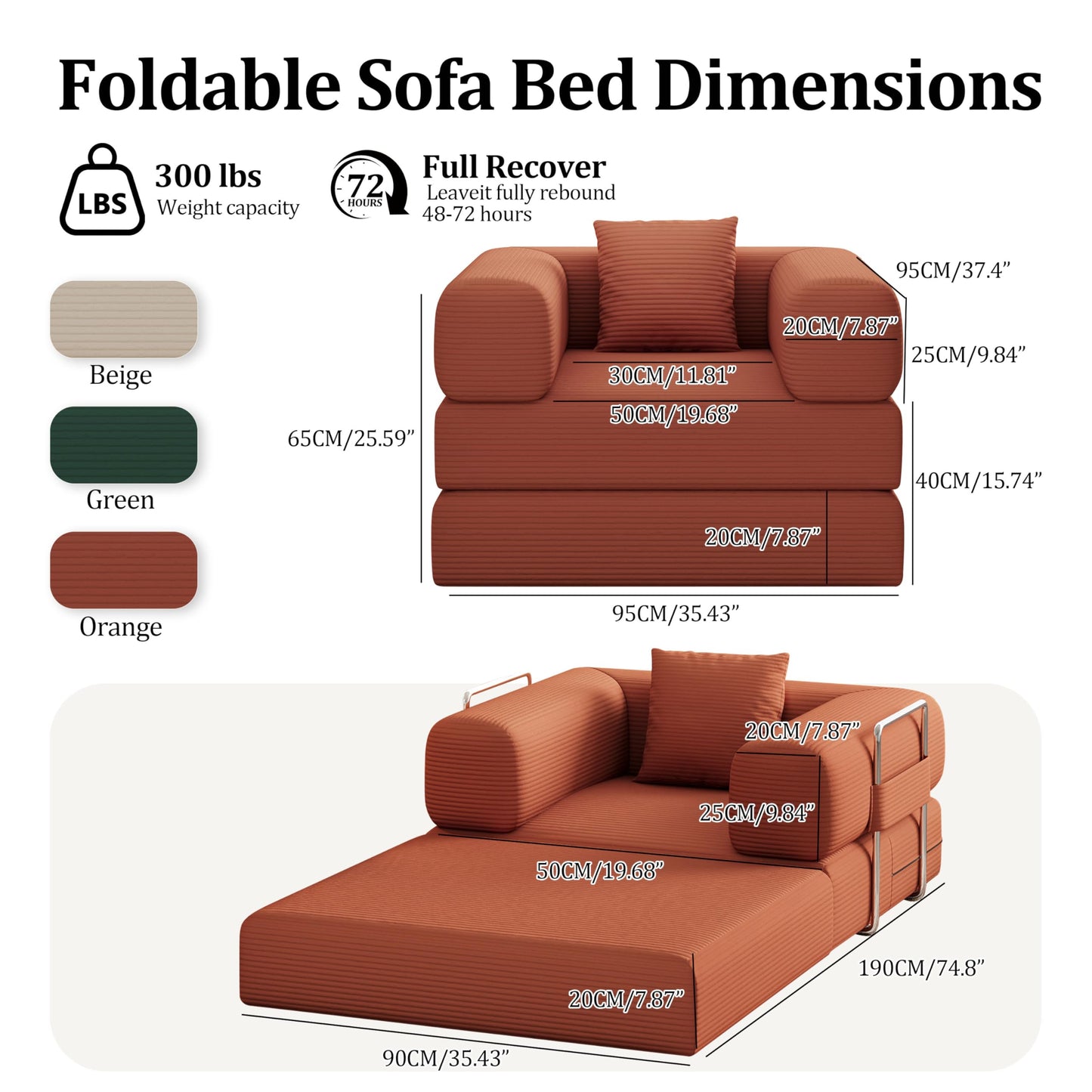 Single Couch Sofa for Small Spaces 2 in 1 Convertible Sofa to Lounger Comfy Bean Bag Chair for Adults with Removable Cover with Pillows for Bedroom, Apartment, Office (Orange, 35.43" Single Sofa)
