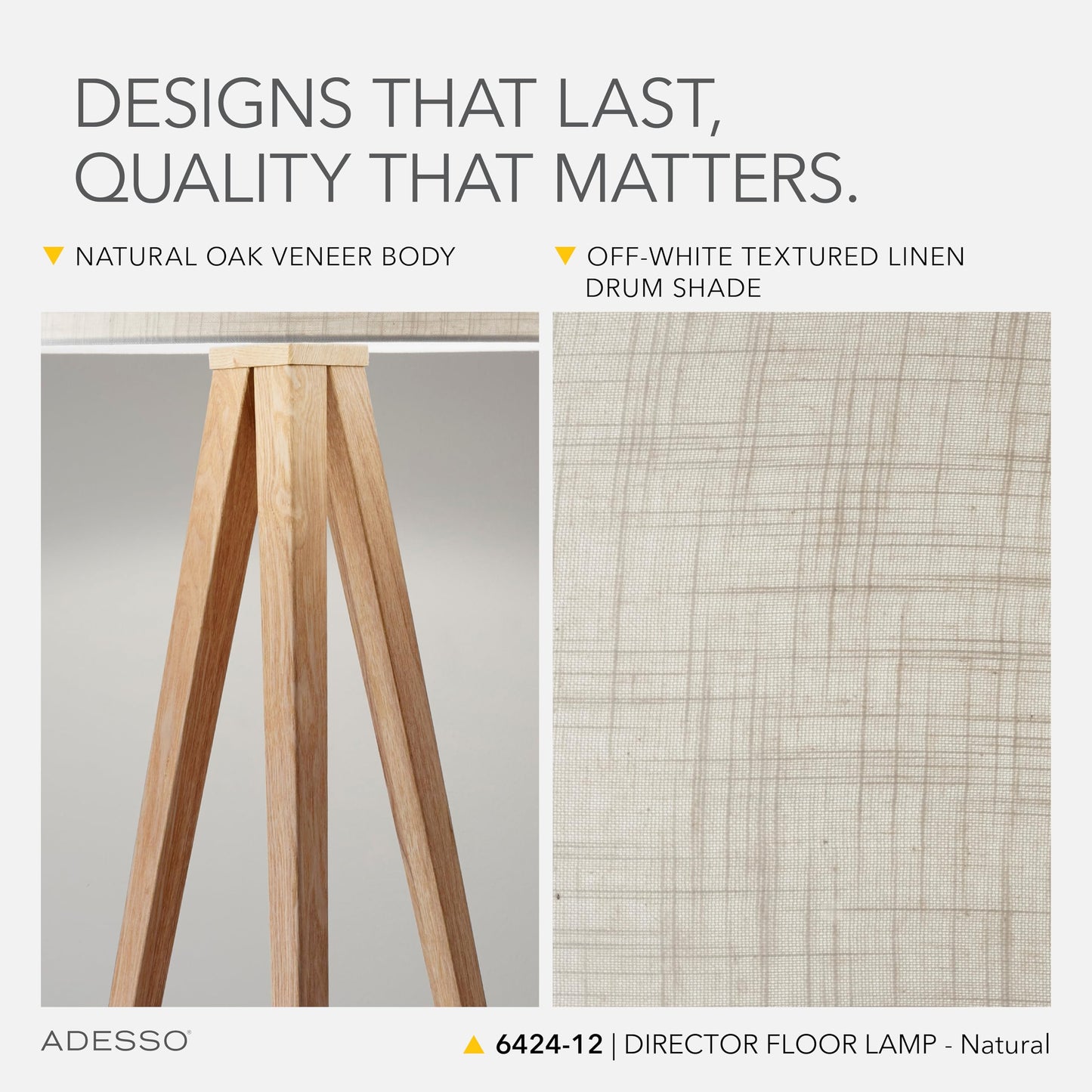 Adesso Floor Lamp with Natural Oak Veneer and Off-White Fabric Lampshade – 3-Way Adjustable Brightness, Lamp for Bedroom, Living Room, and House Décor, 60.25” x 21”
