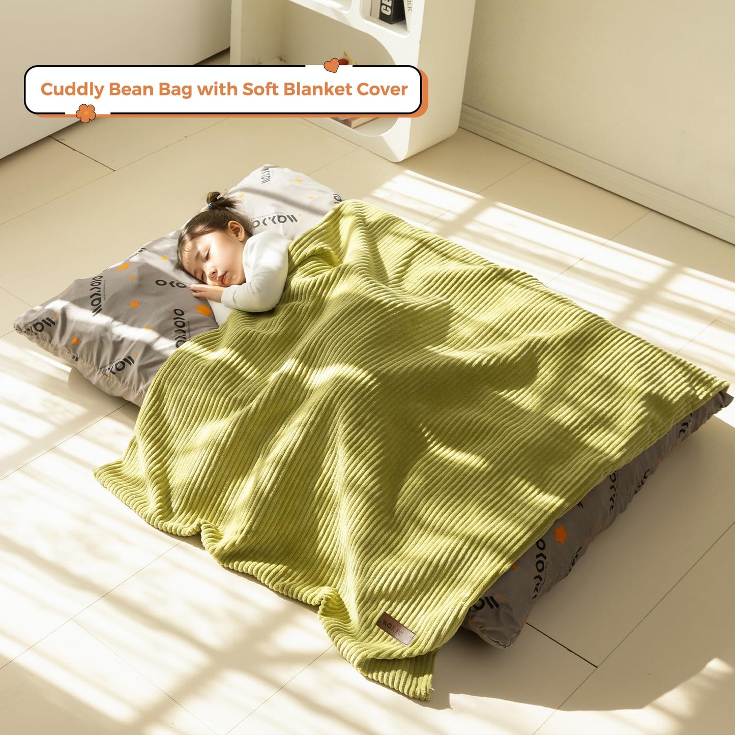 MAXYOYO 3 in 1 Kids Bean Bag Chair Bed, Convertible Chair Folds from Bean Bag to Lounger, Child Floor Sofa for Gaming, Reading, Floor Couch with High-Density Foam Filling