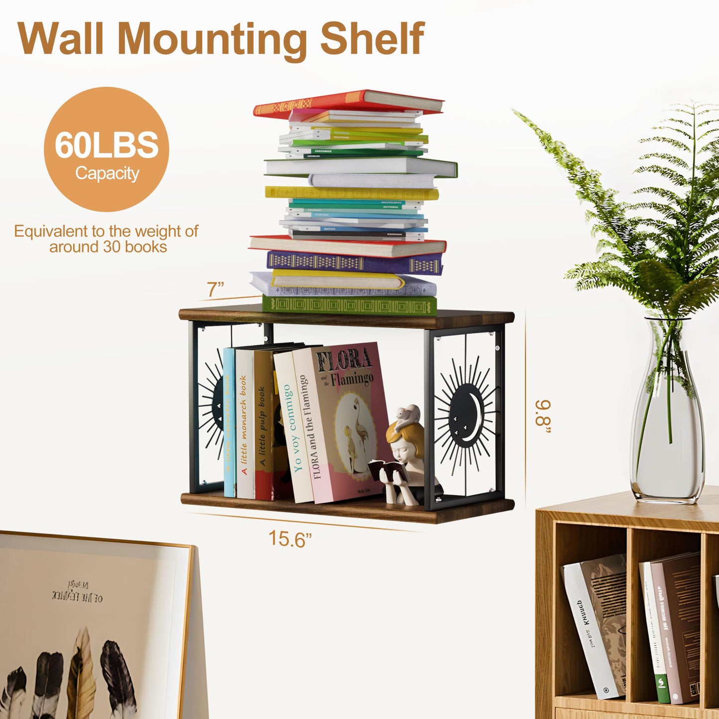 Apresolar Floating Nightstand Wall Mounted - Natural Solid Wood Night Stand, Bedside Table 2 Tier Shelf, Modern Metal Celestial Side Floating Shelves Decor for Living Room Bedroom