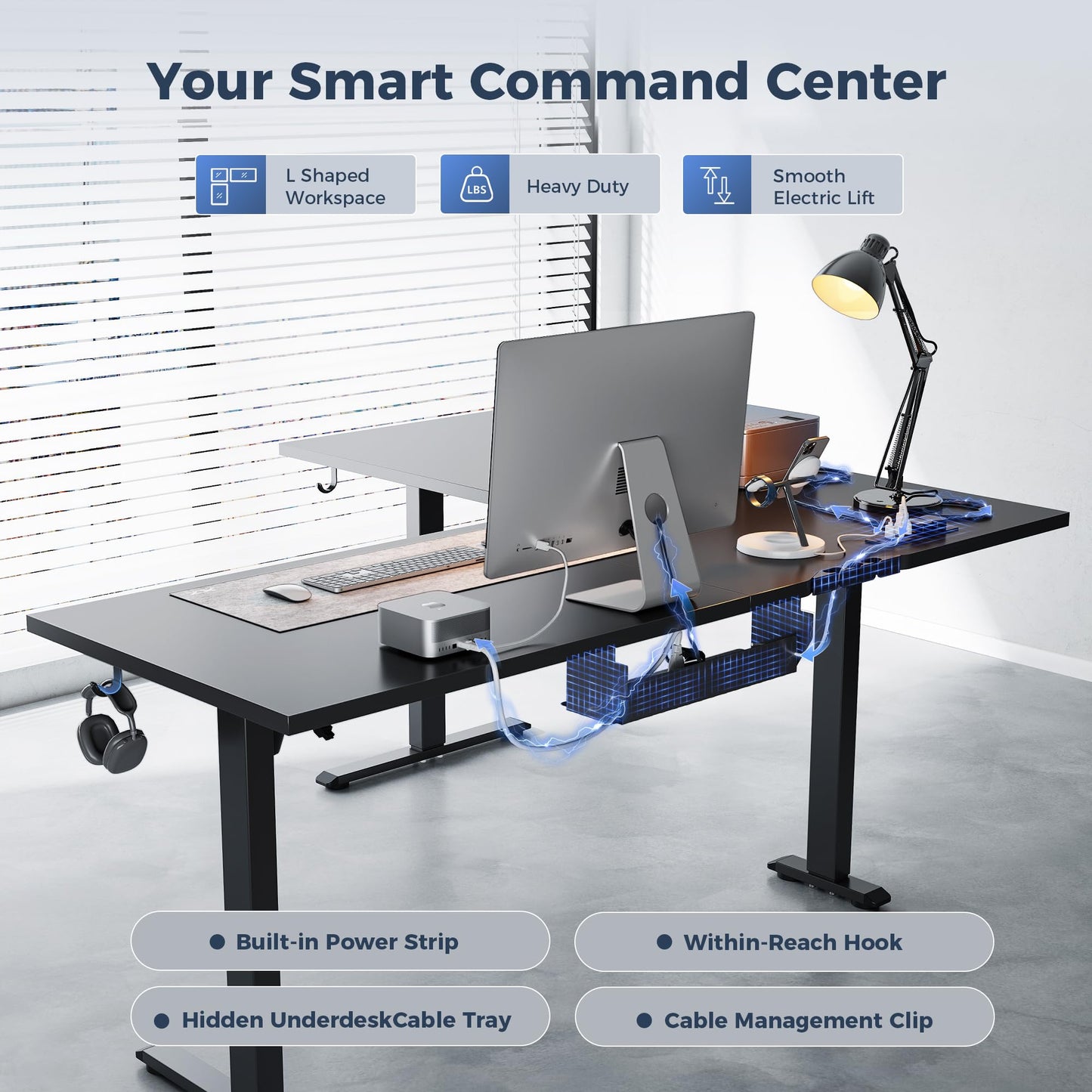Klicelor L Shaped Standing Desk 63 x 48 Inch,Electric Height Adjustable Corner Desk with Cable Management & Power Outlets, Ergonomic Sit Stand Up Computer Table for Home Office,Black