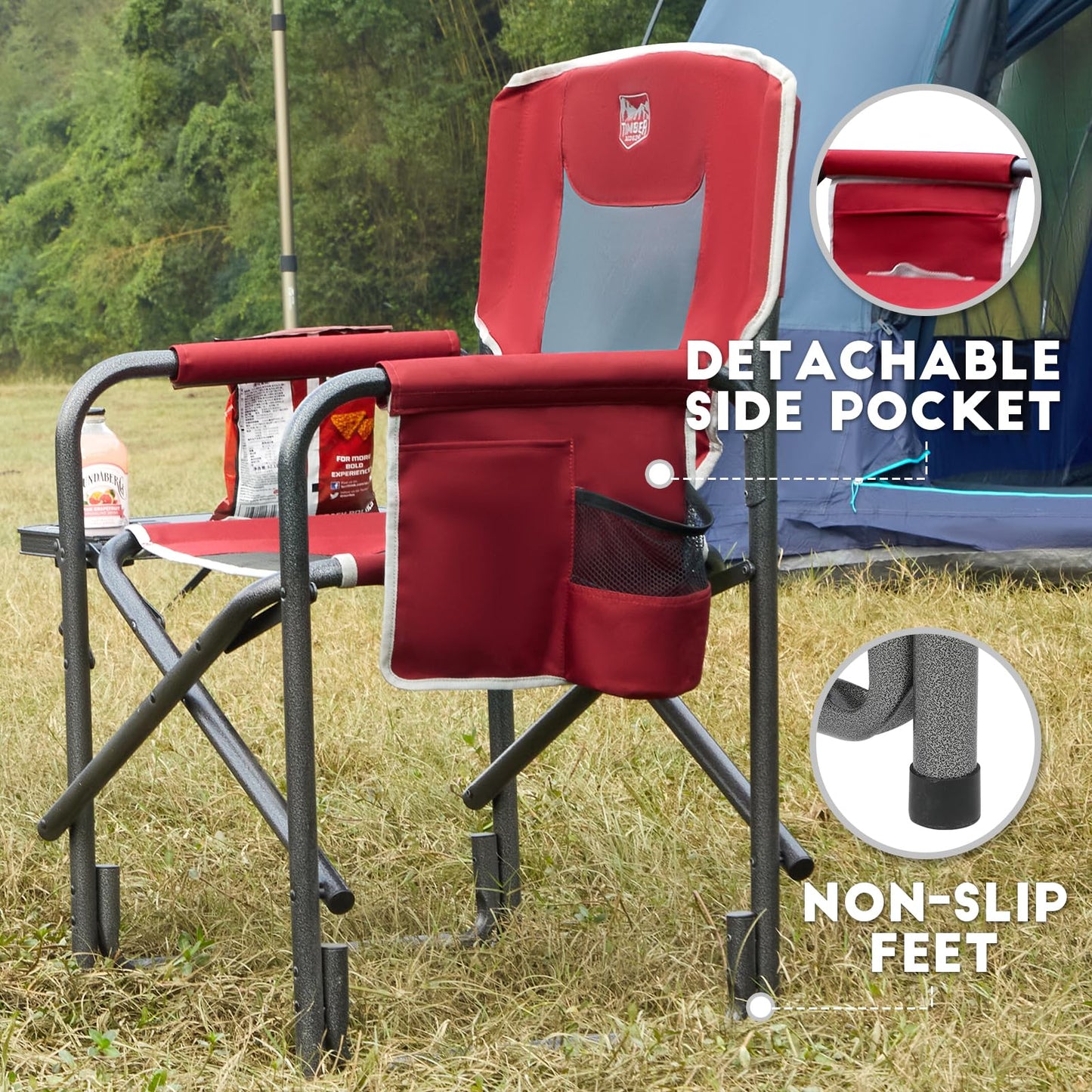 TIMBER RIDGE Aluminum Oversized Camping Chair, Lightweight Portable Directors Chair with Side Table Detachable Side Pocket for Outdoor Camping, Lawn, Picnic, Support 400lbs Red 2 Pack