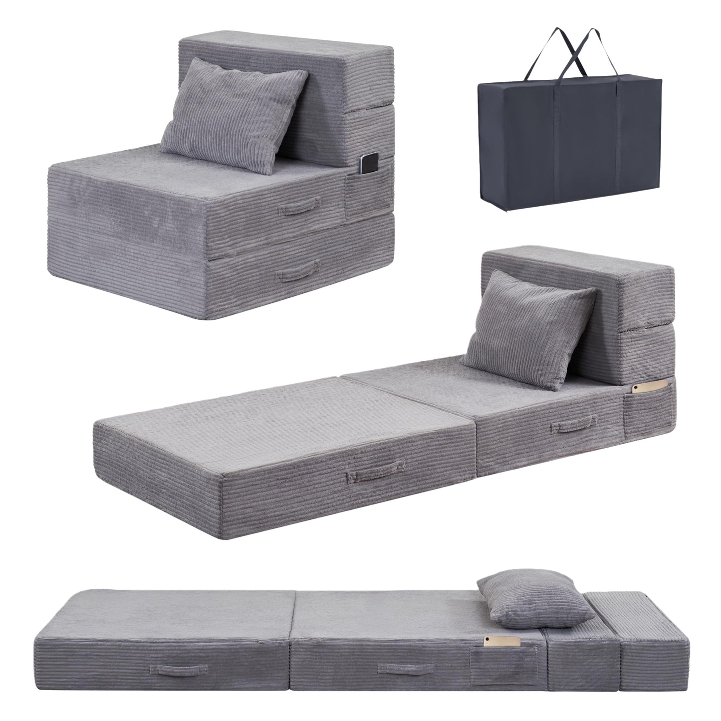 HILERO Folding Sofa Bed, 4 in 1 Convertible Sleeper Chair with Pillow, Single Memory Foam Fold Out Chair Bed, Modern Floor Futon Sofa Couch Mattress for Living Room/Guest/Apartment, Light Gray