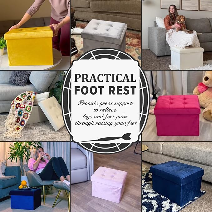LINMAGCO Storage Ottoman Folding Foot Stool Velvet Footrest