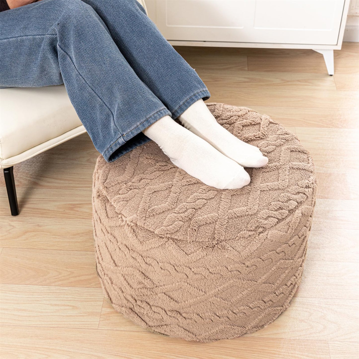 Poofieotto Round Ottoman Stuffed 20x12 Inches Floor Pouf Chair for Living Room Bedroom Modern Foam Pouf Ottoman Foot Rest for Couch Home Décor Pouffe (Light Coffee Pouf with Filler)